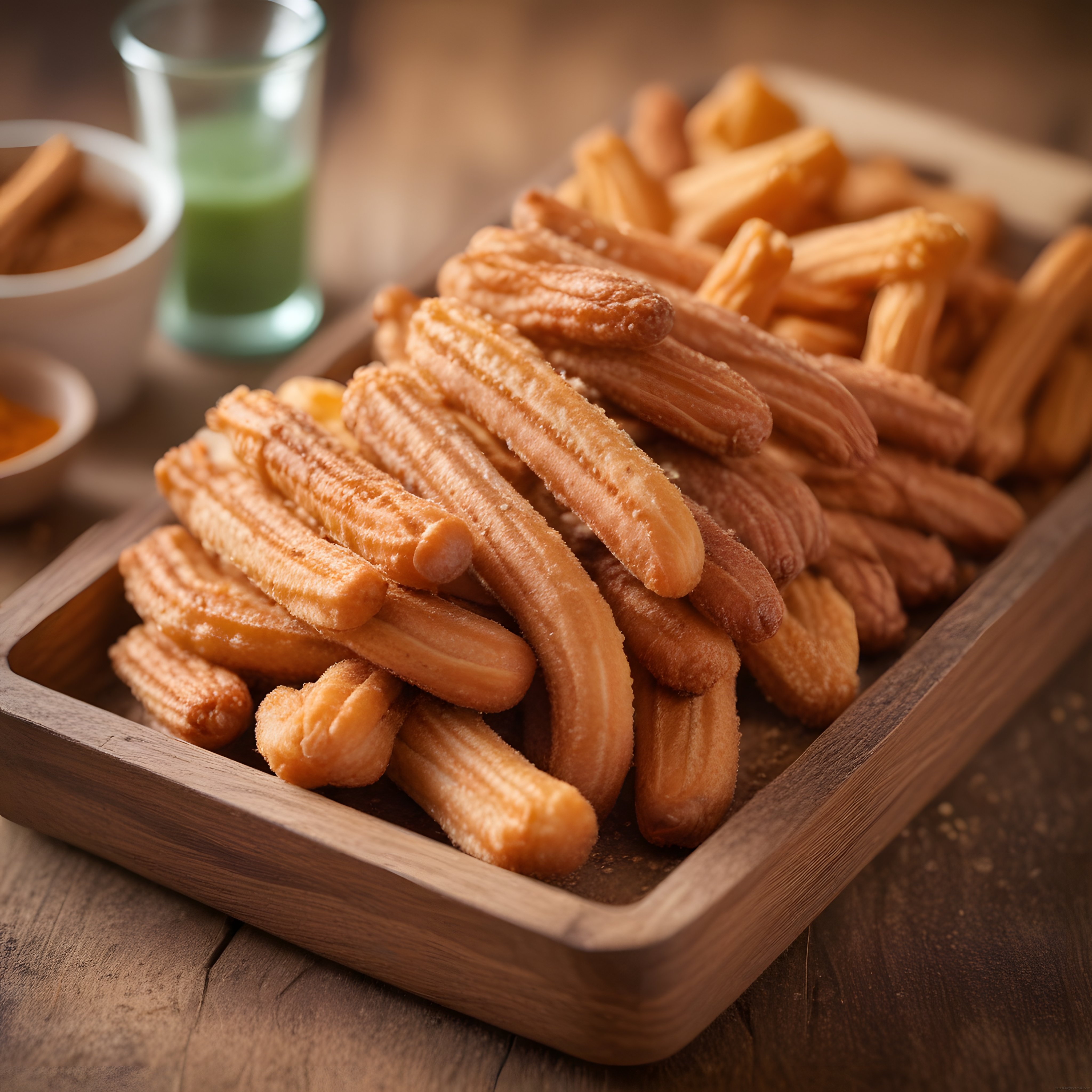 Ahşap tepside sıcak kızarmış şekerli churros ve çikolata sosu lezzeti