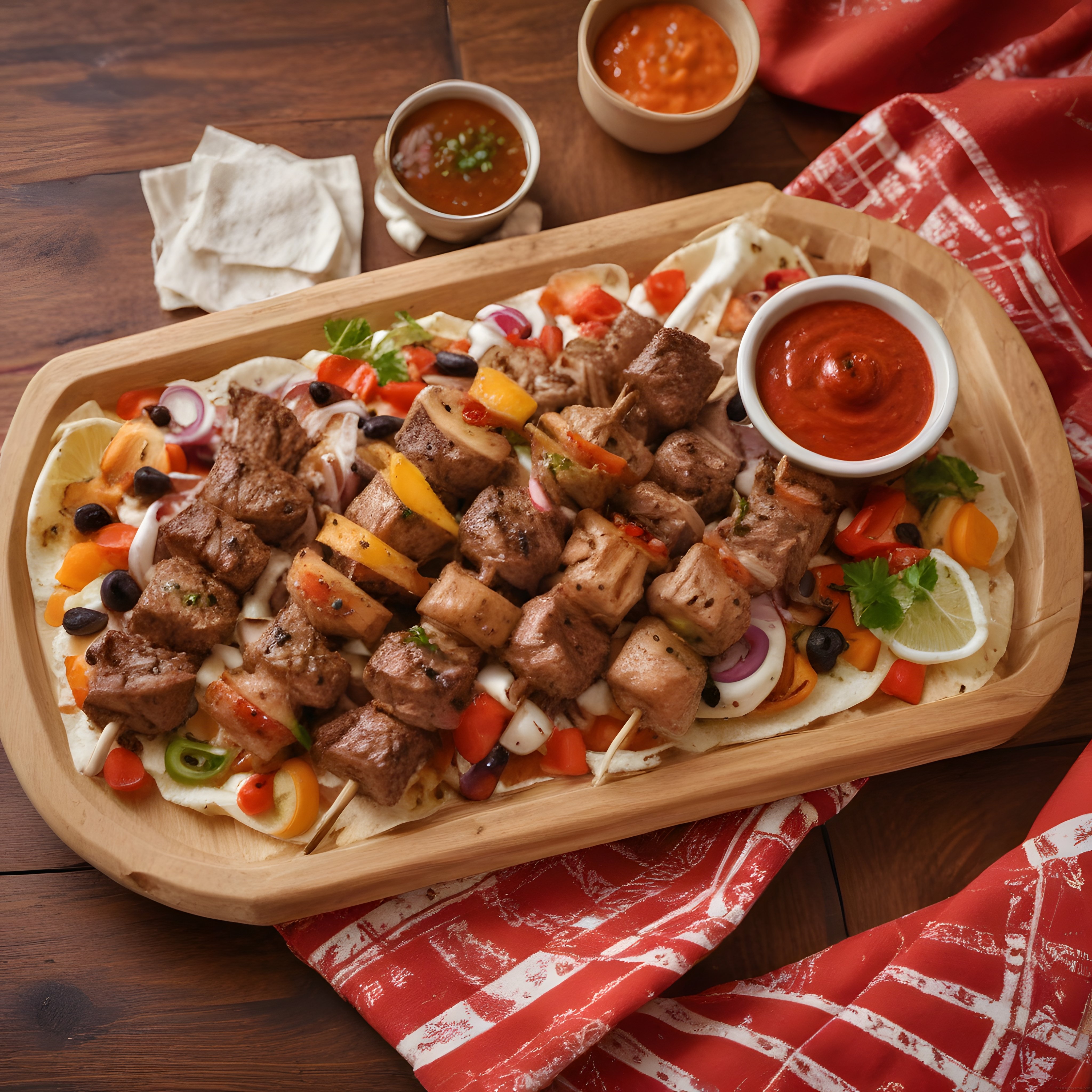 Ahşap tepside şiş et kebabı, renkli biberler ve salsa sos ile fajita tarzı sunum
