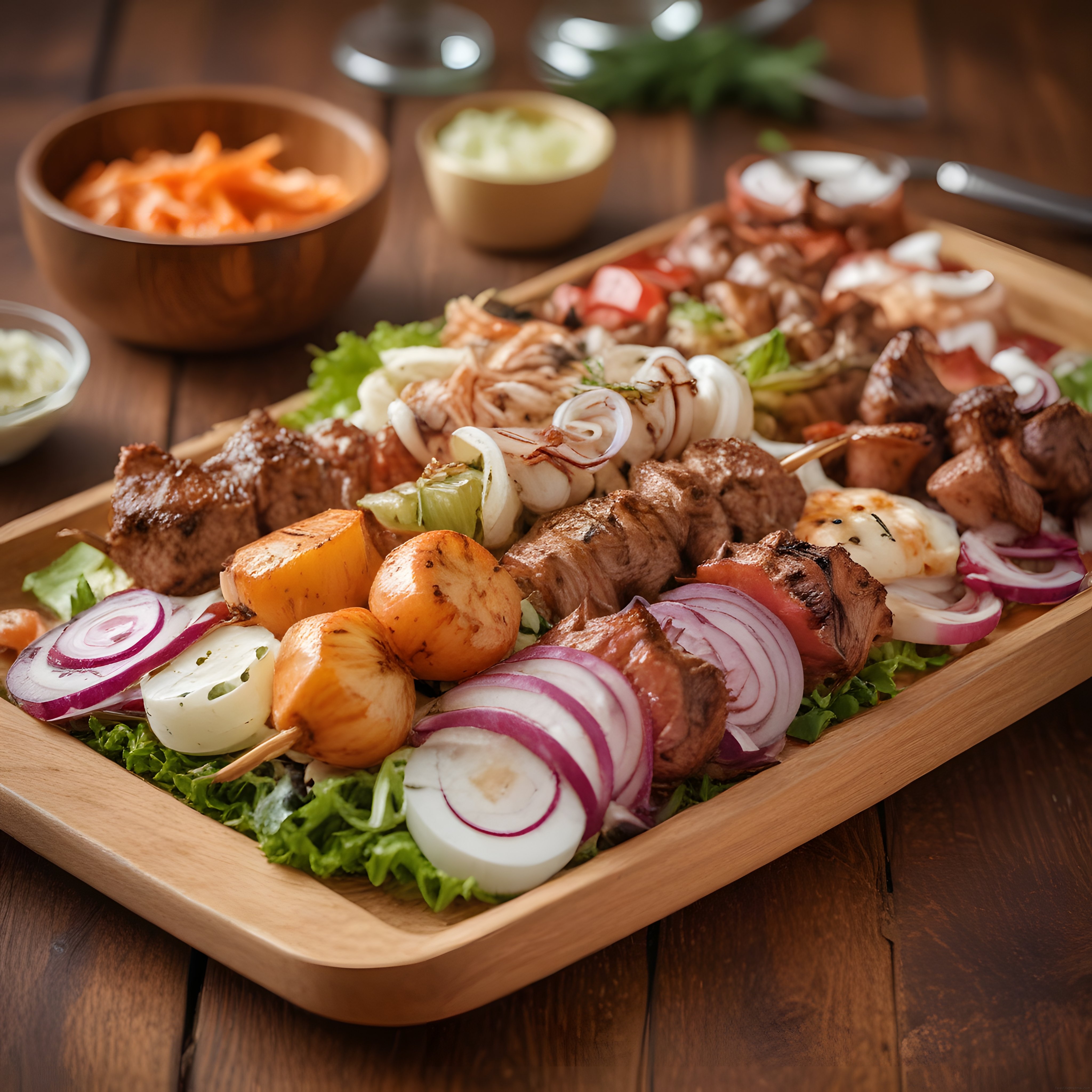 Ahşap tepside şiş kebap, tavuk but, ızgara köfte ve közlenmiş sebze sunumu