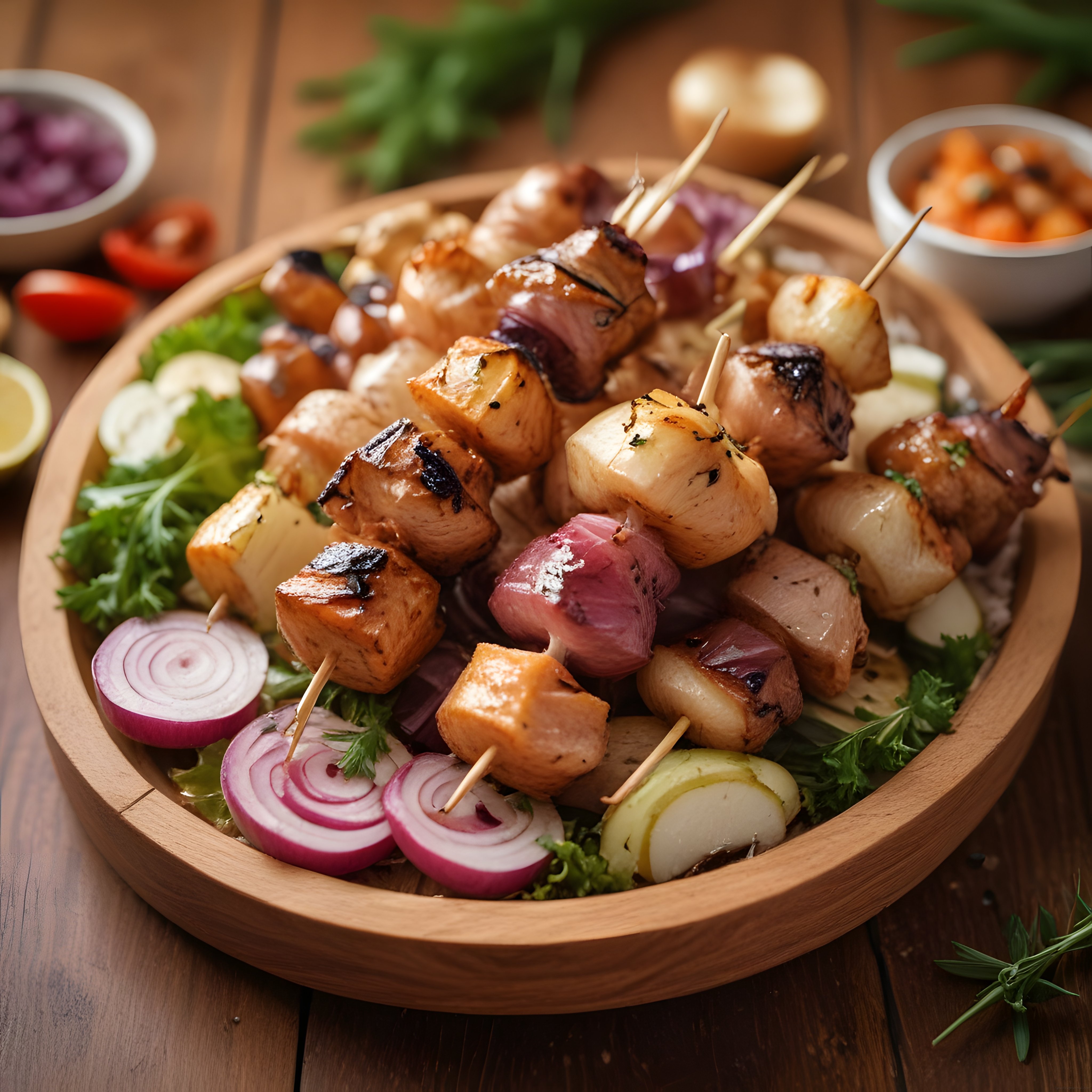 Ahşap tepside şiş kebap ve ızgara sebzelerle enfes bir sofra kurulumu