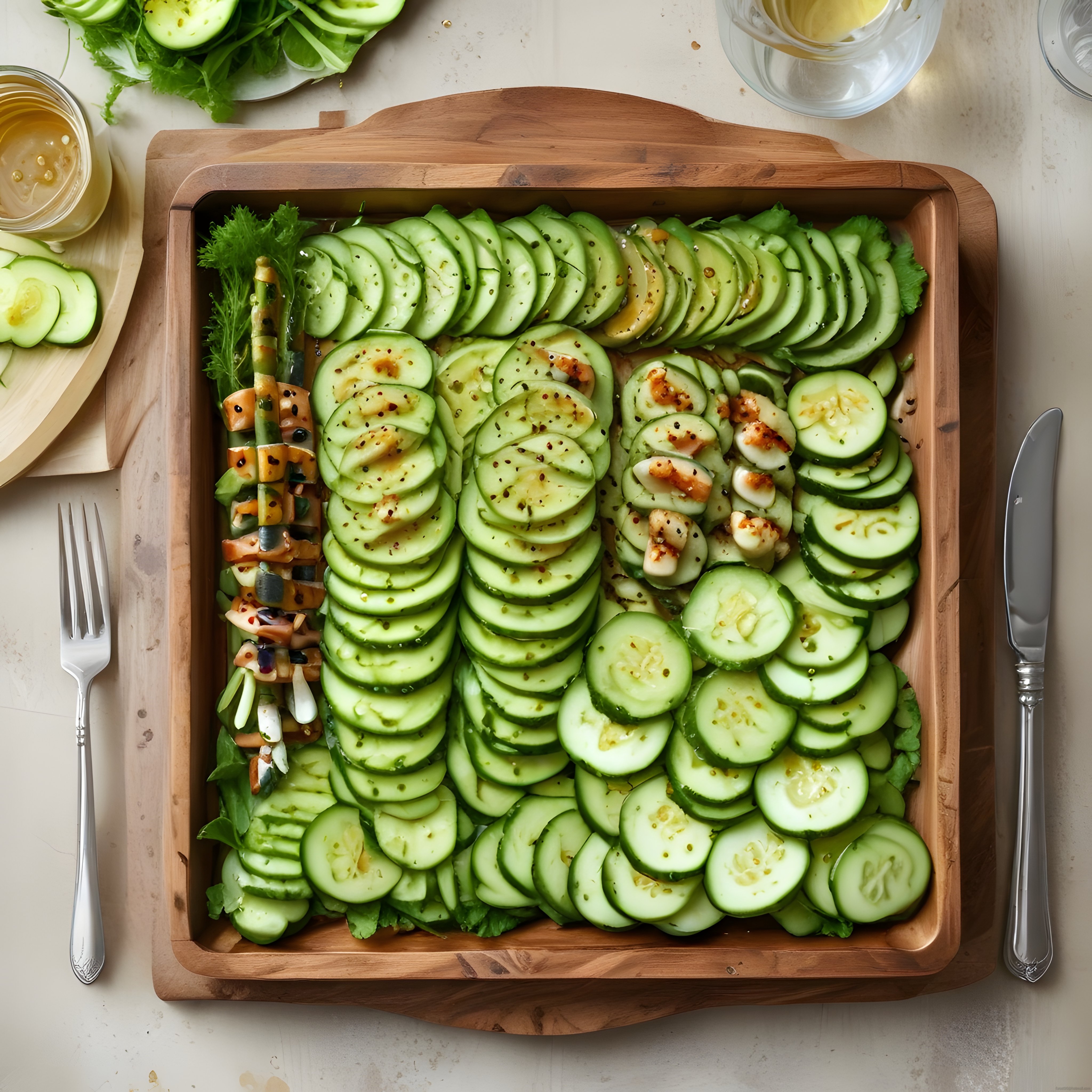 Ahşap Tepside Soslu Salatalık Dilimleriyle Sağlıklı ve Estetik Salata Sunumu