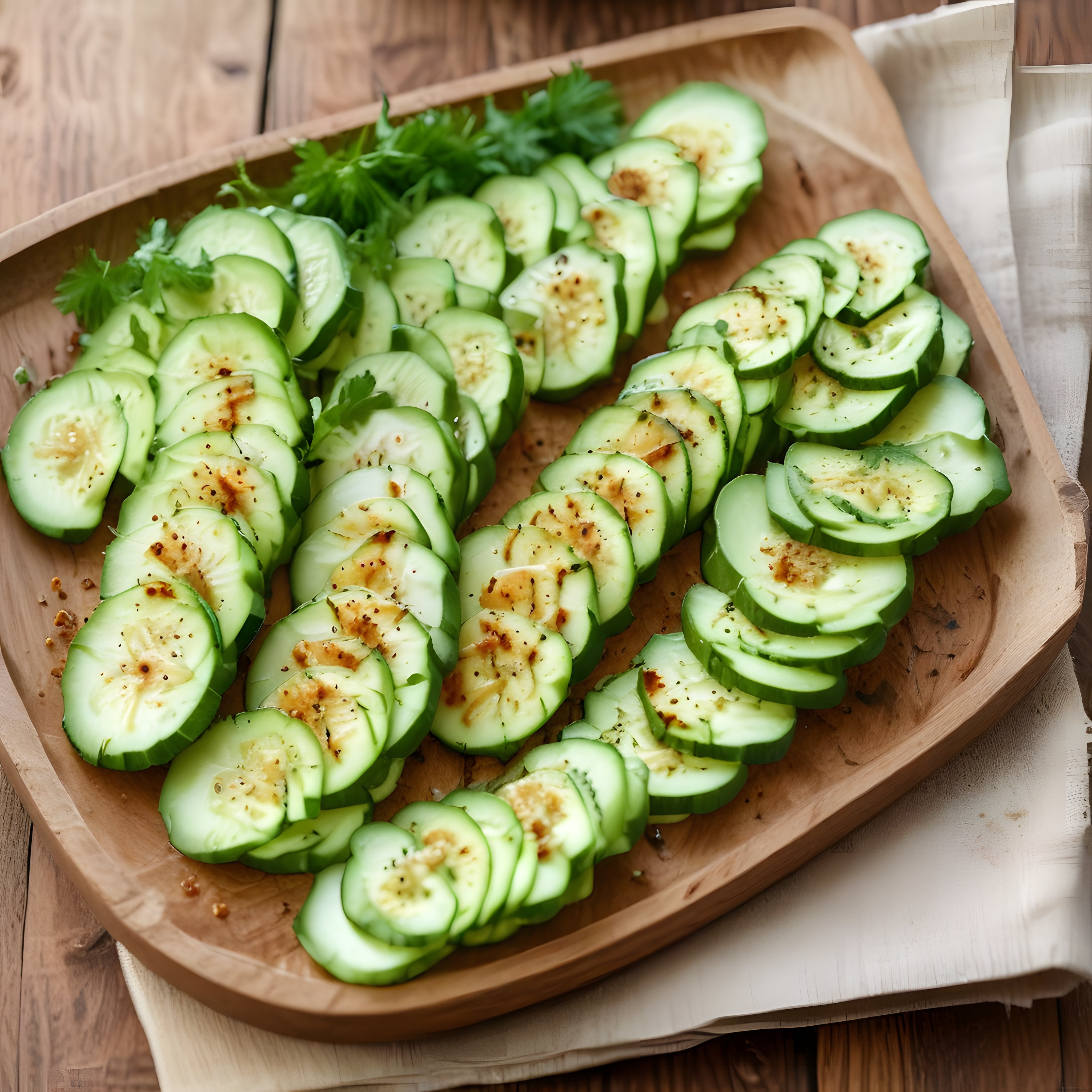 Ahşap Tepside Soslu ve Baharatlı Dilimlenmiş Salatalık Meze Sunumu