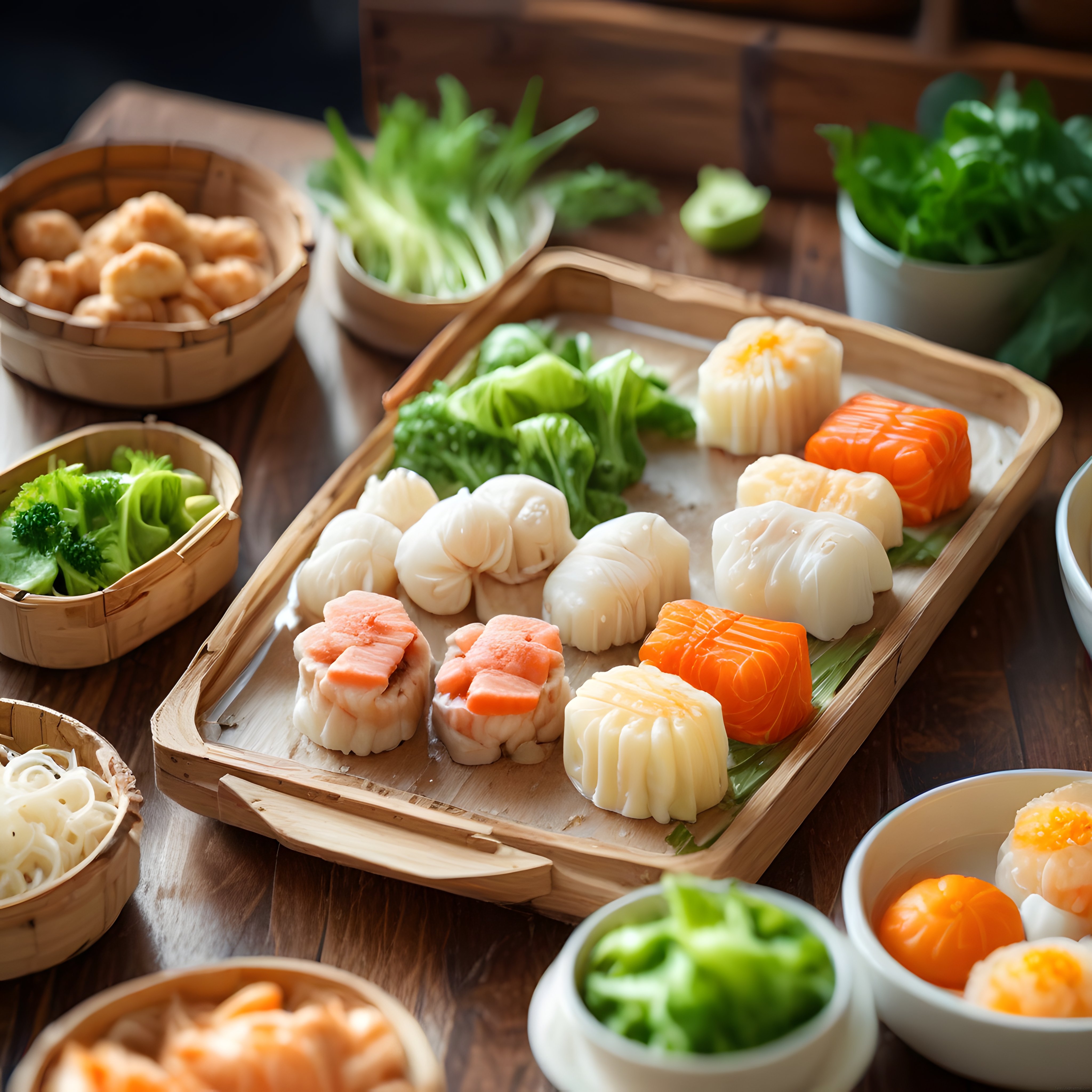 Ahşap Tepside Sunulan Taze Dim Sum ve Sebzeli Asya Mutfağı Lezzetleri