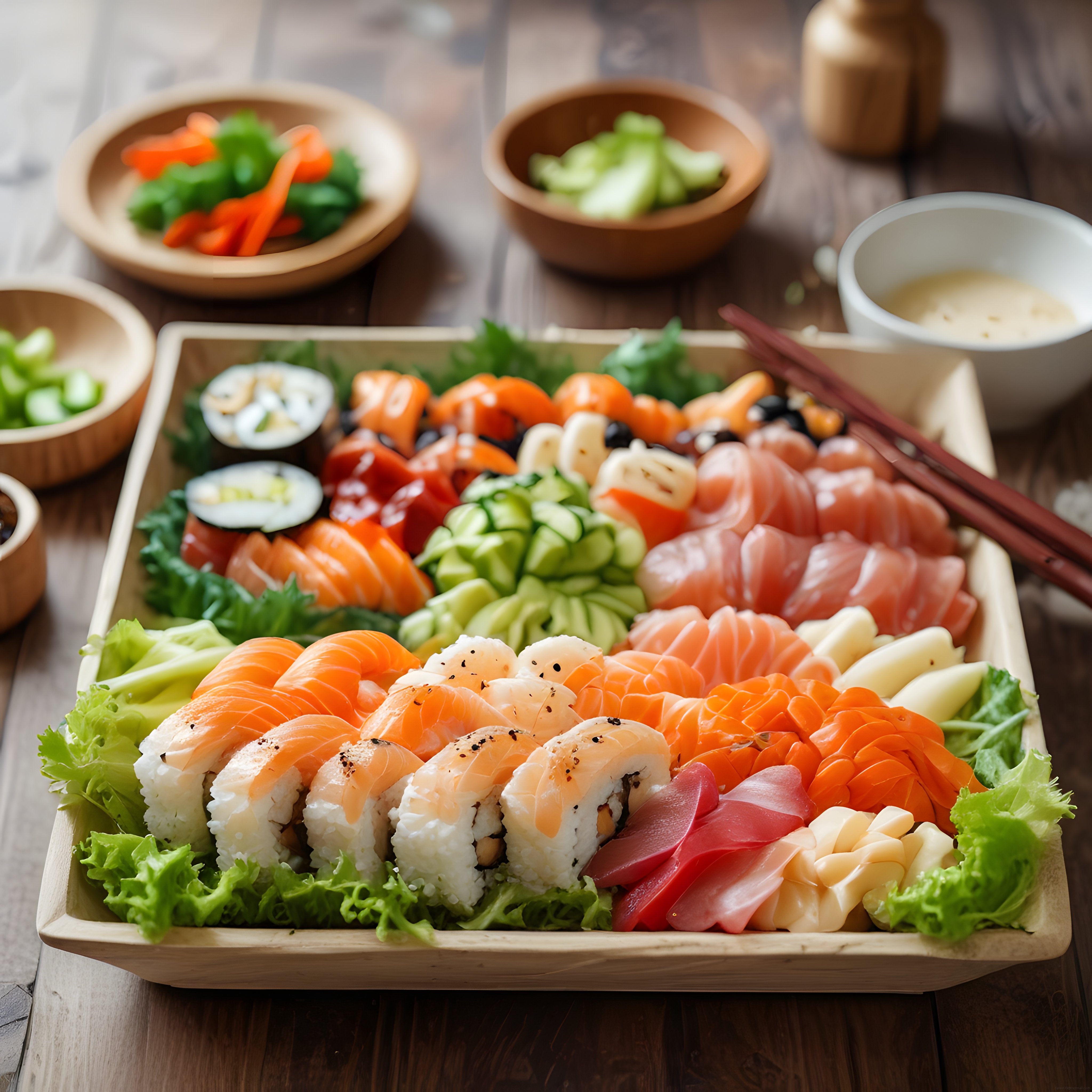 Ahşap Tepside Sunulan Taze Sushi ve Sashimi Çeşitleri: Japon Lezzeti