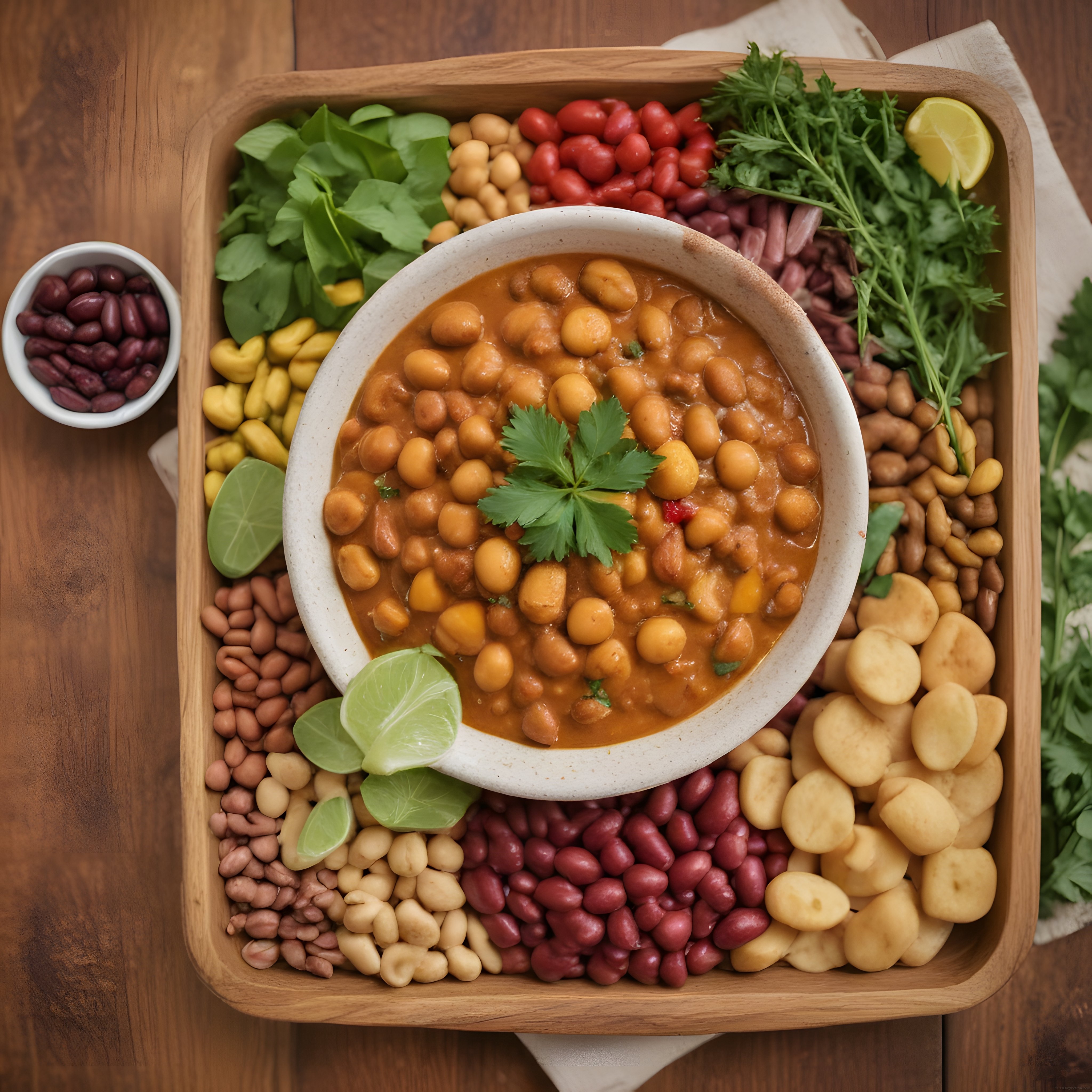 Ahşap Tepside Sunulan Vegan Bakliyat Kasesi ve Yeşilliklerle Besleyici Öğün