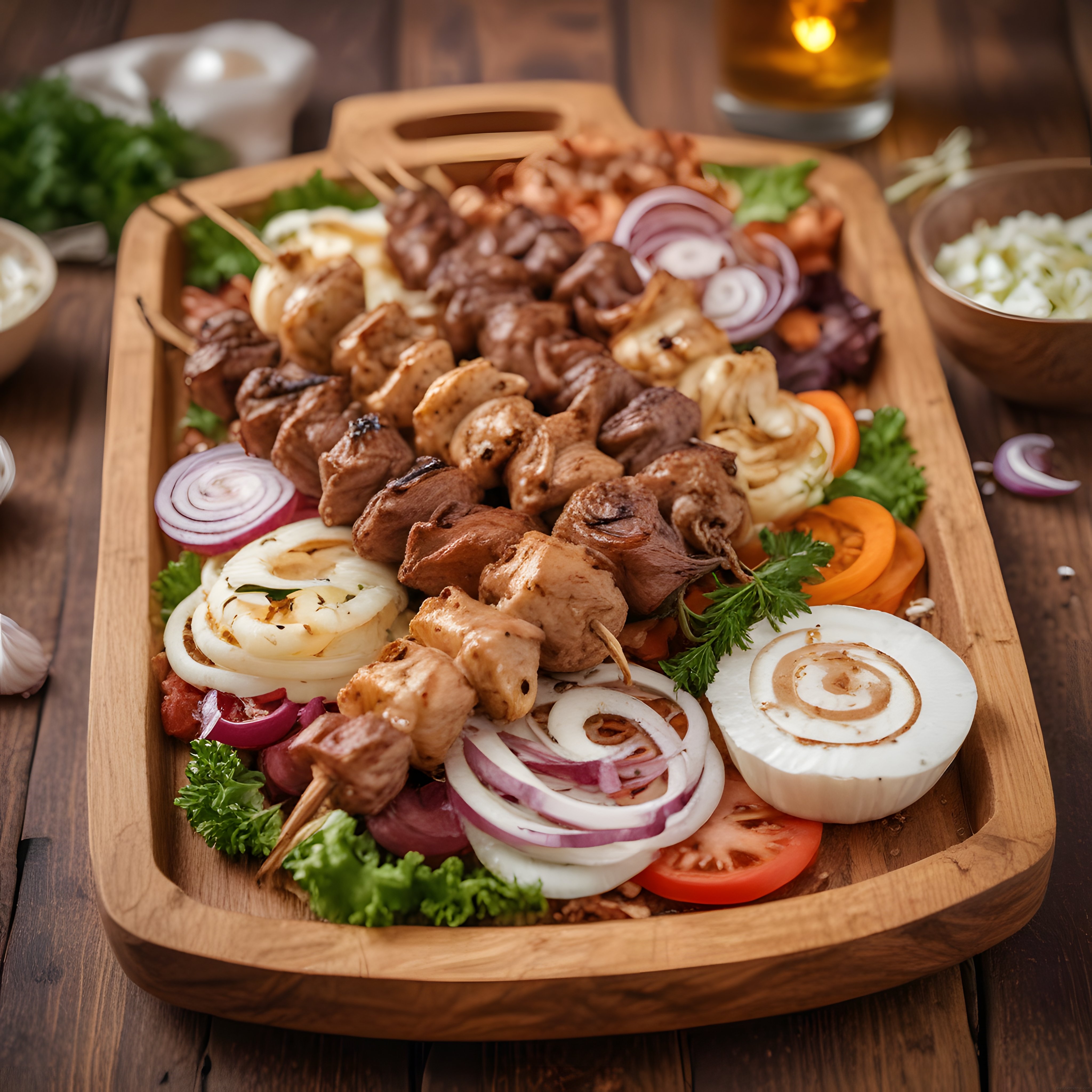 Ahşap tepside tavuk ve et şiş kebap, ızgara soğanlarla rustik sunum