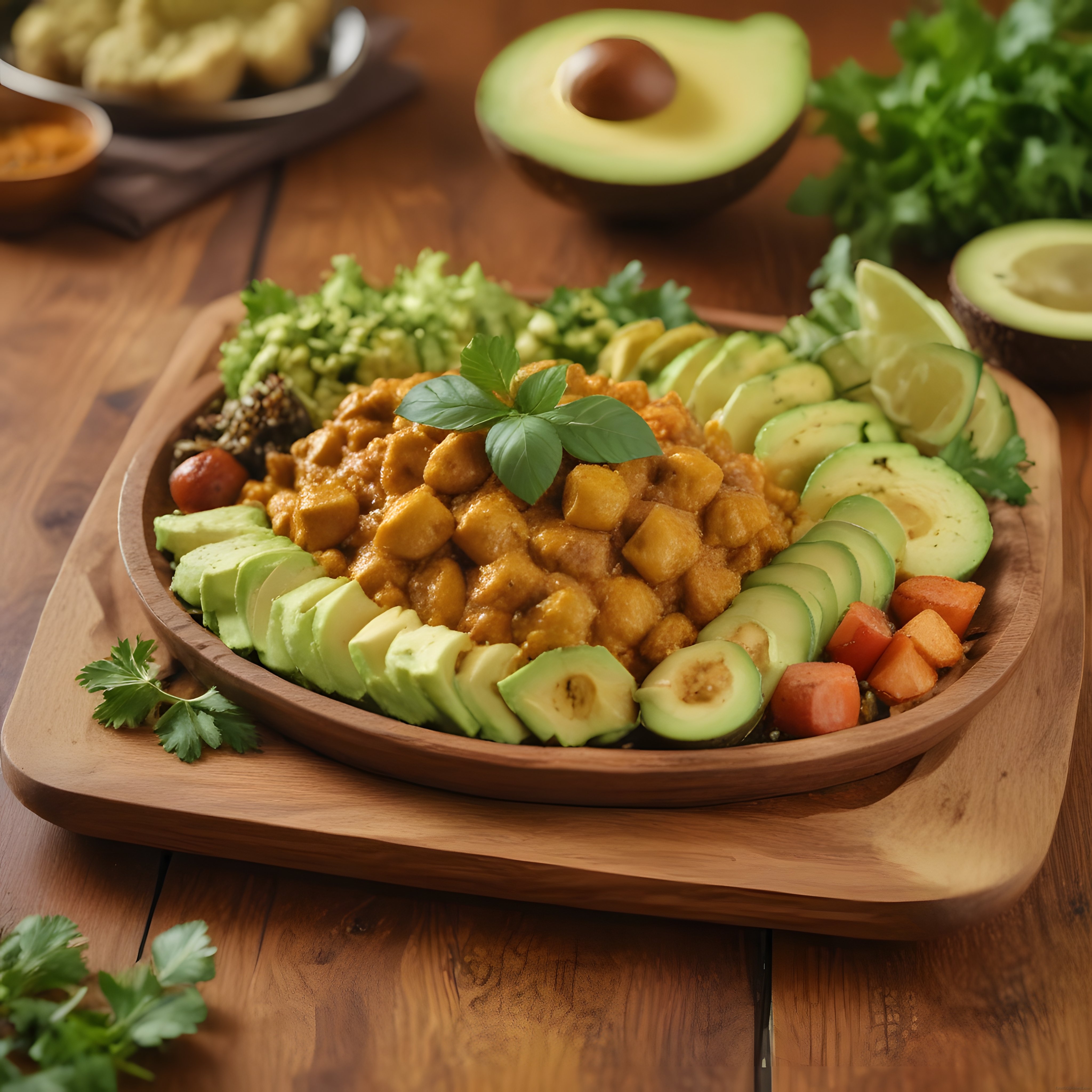 Ahşap Tepside Taze Avokadolu Nohutlu Vegan Power Bowl Sunumu