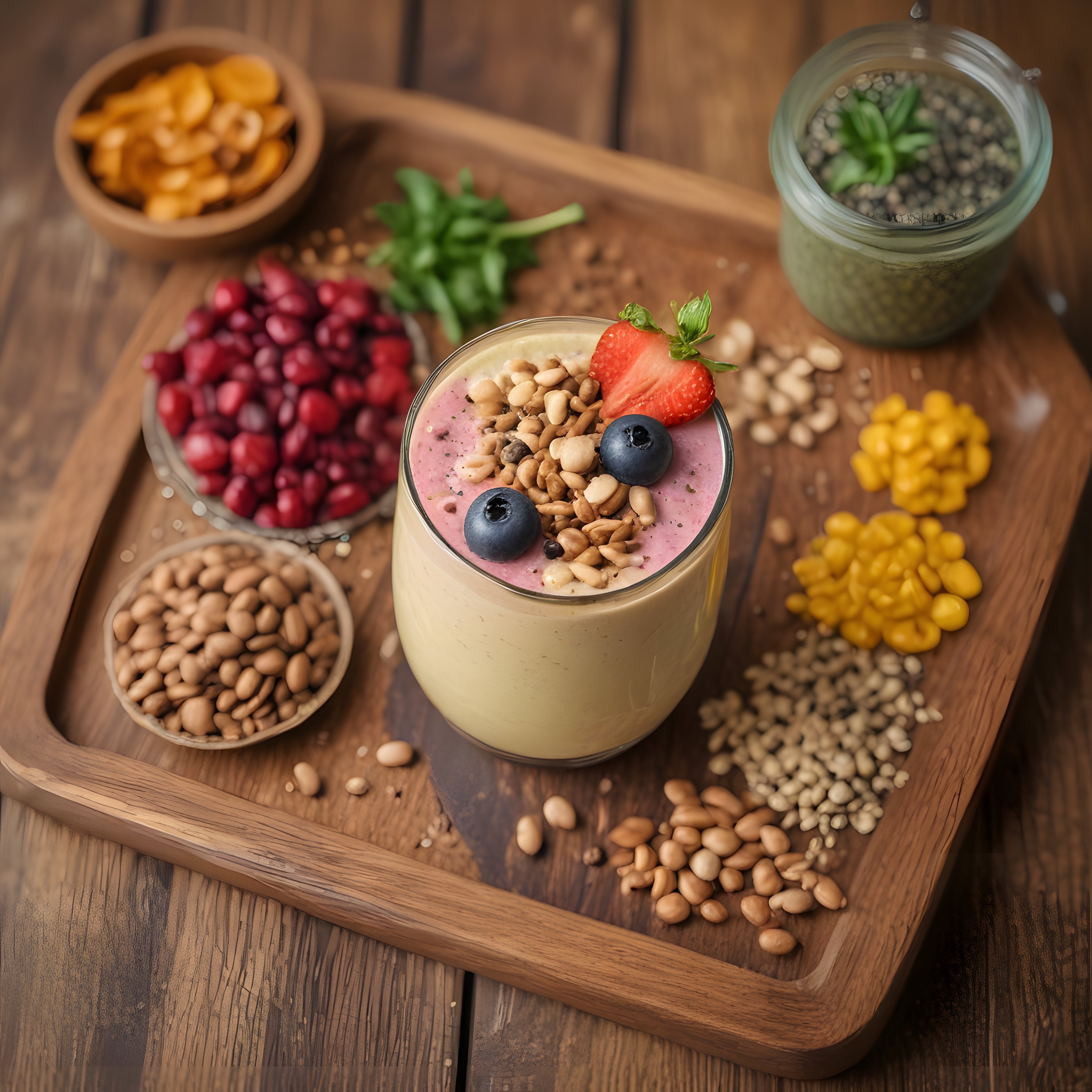 Ahşap tepside taze çilekli yaban mersinli sağlıklı smoothie kasesi
