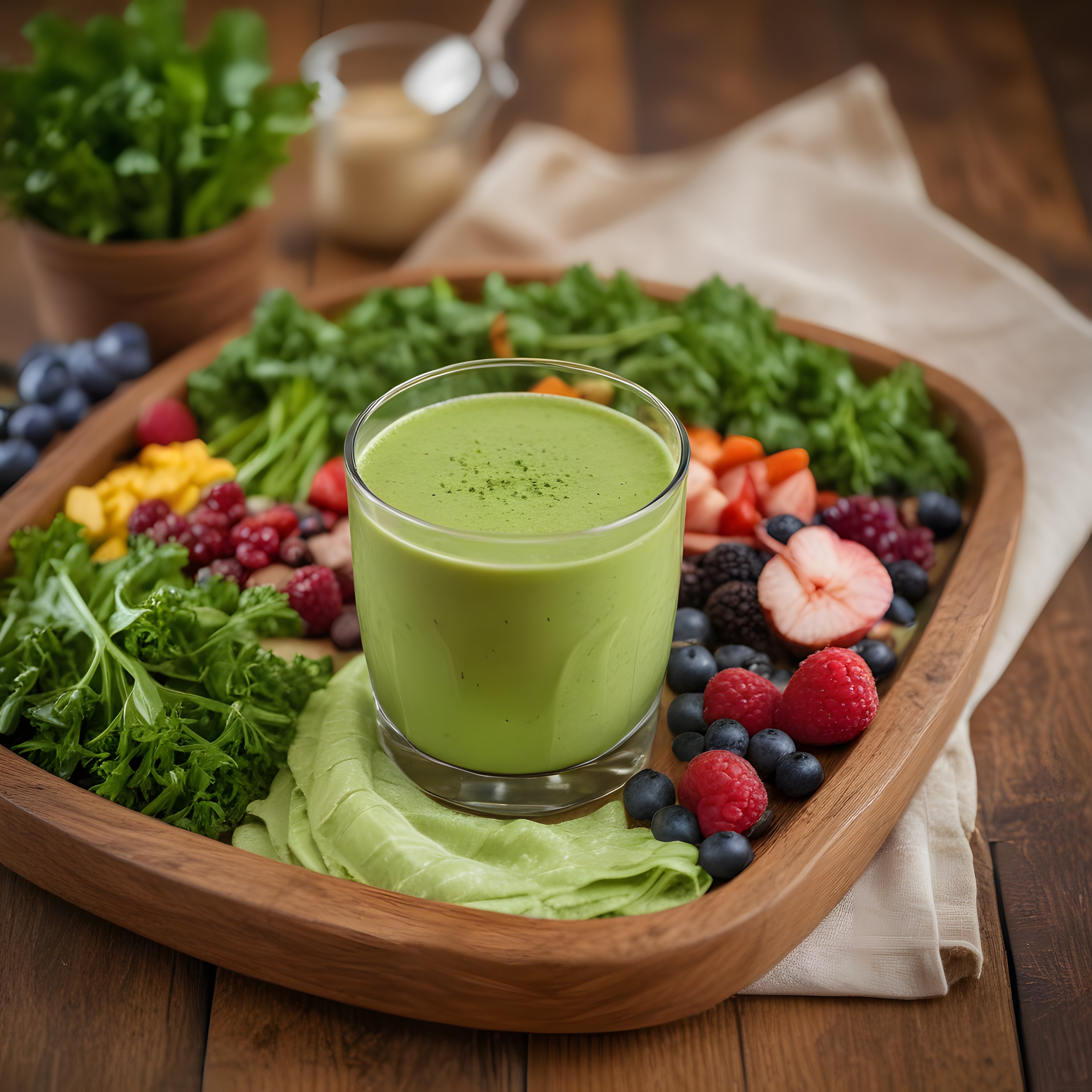 Ahşap Tepside Taze Sebze ve Meyvelerle Hazırlanmış Yeşil Smoothie Kasesi