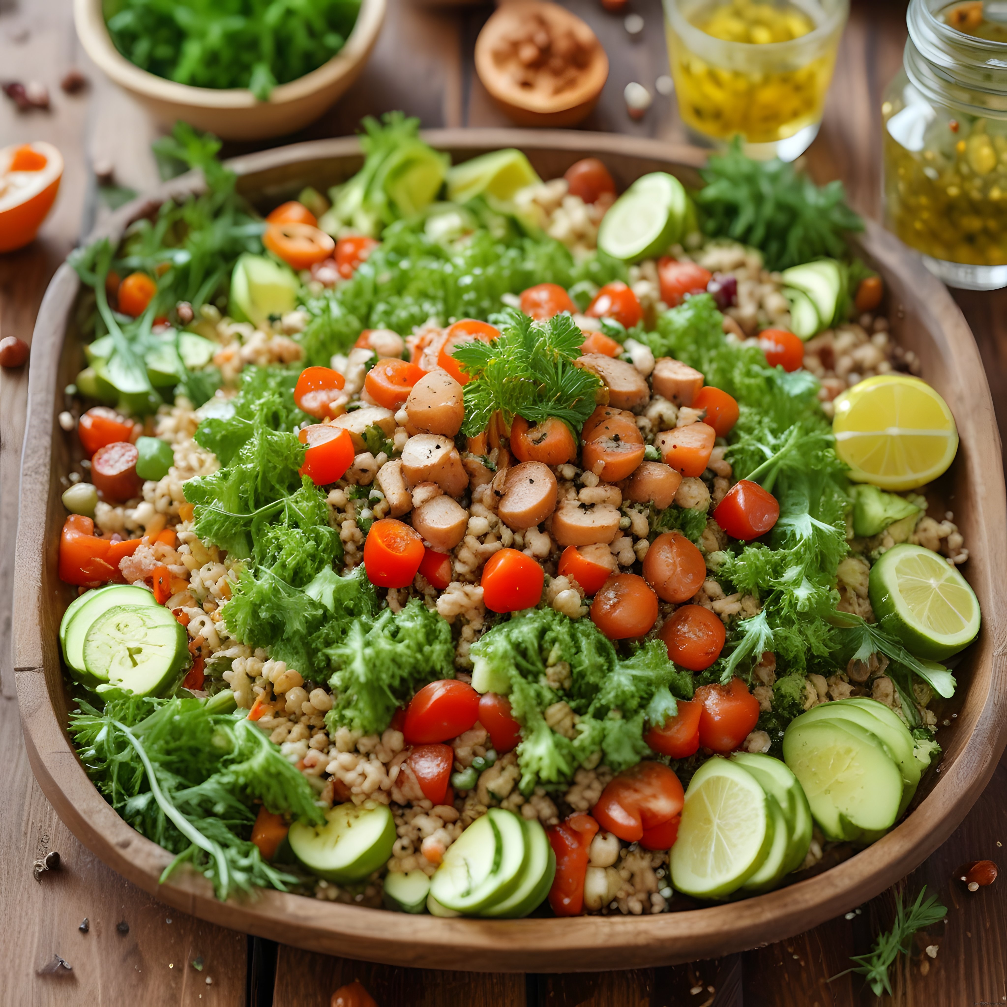 Ahşap Tepside Taze Sebze ve Sosisli Salata ile Sağlıklı Tarif Sunumu