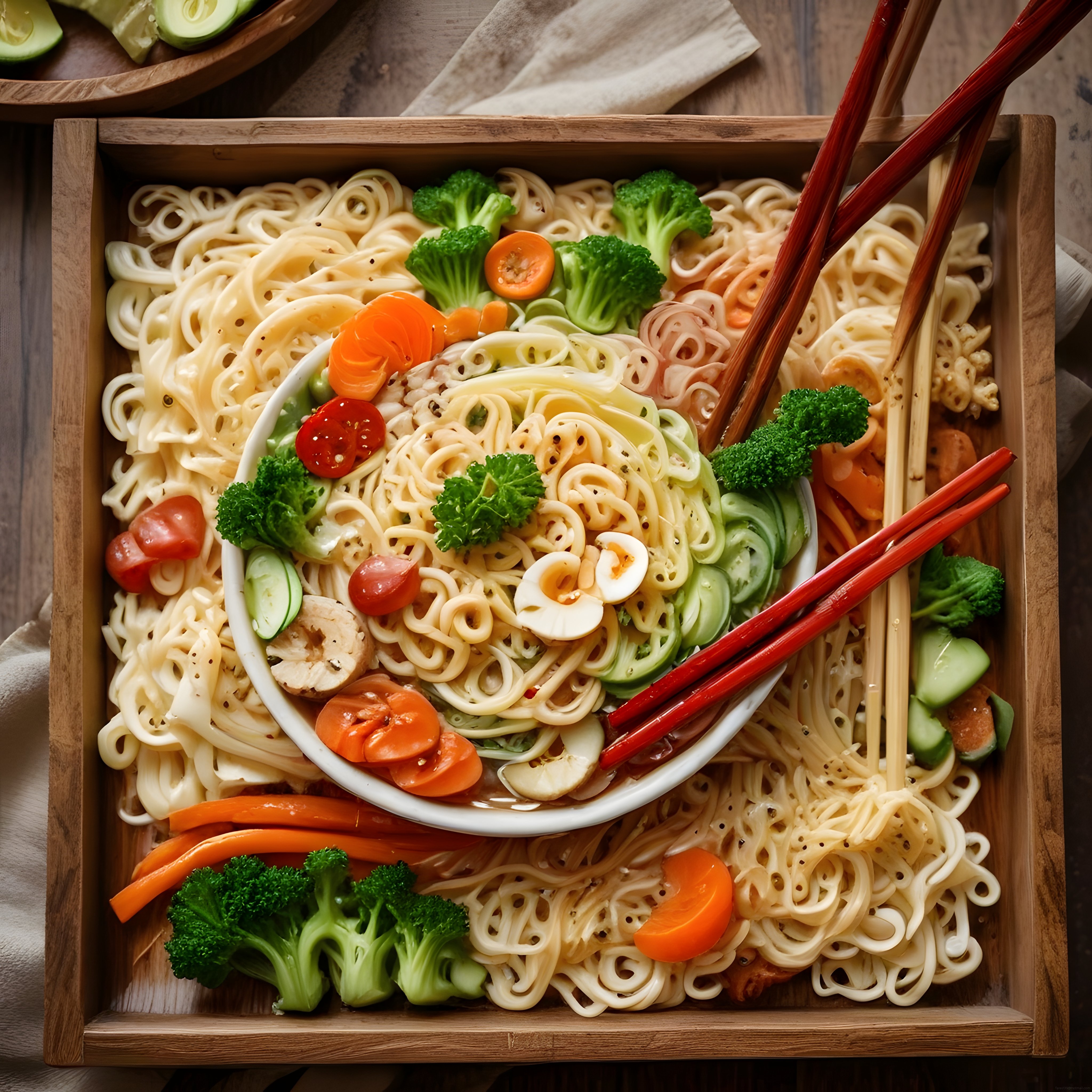 Ahşap tepside taze sebzelerle süslenmiş noodle kasesi ve Asya mutfağı sunumu