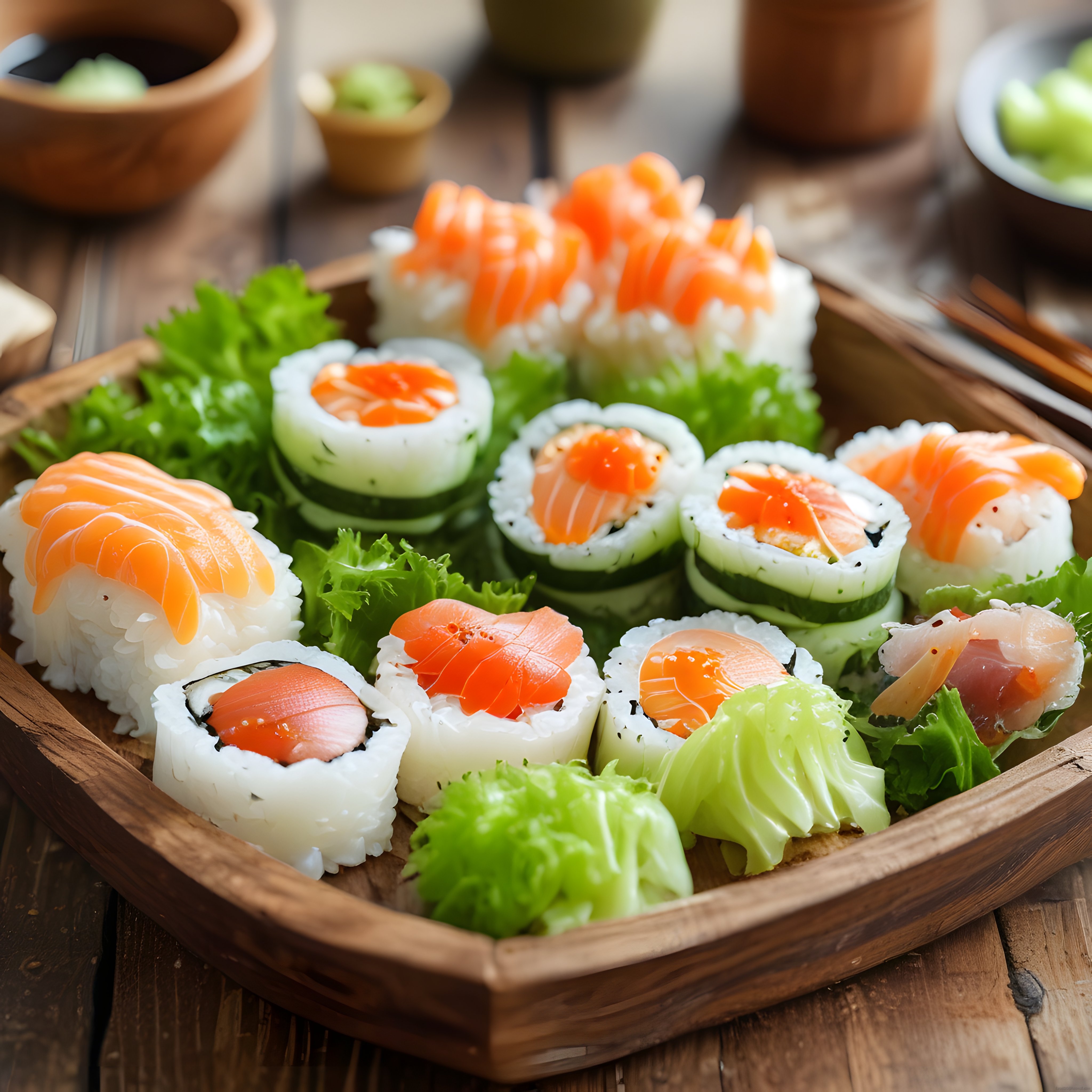 Ahşap tepside taze somonlu sushi çeşitleri ve yeşil salata süslemesi