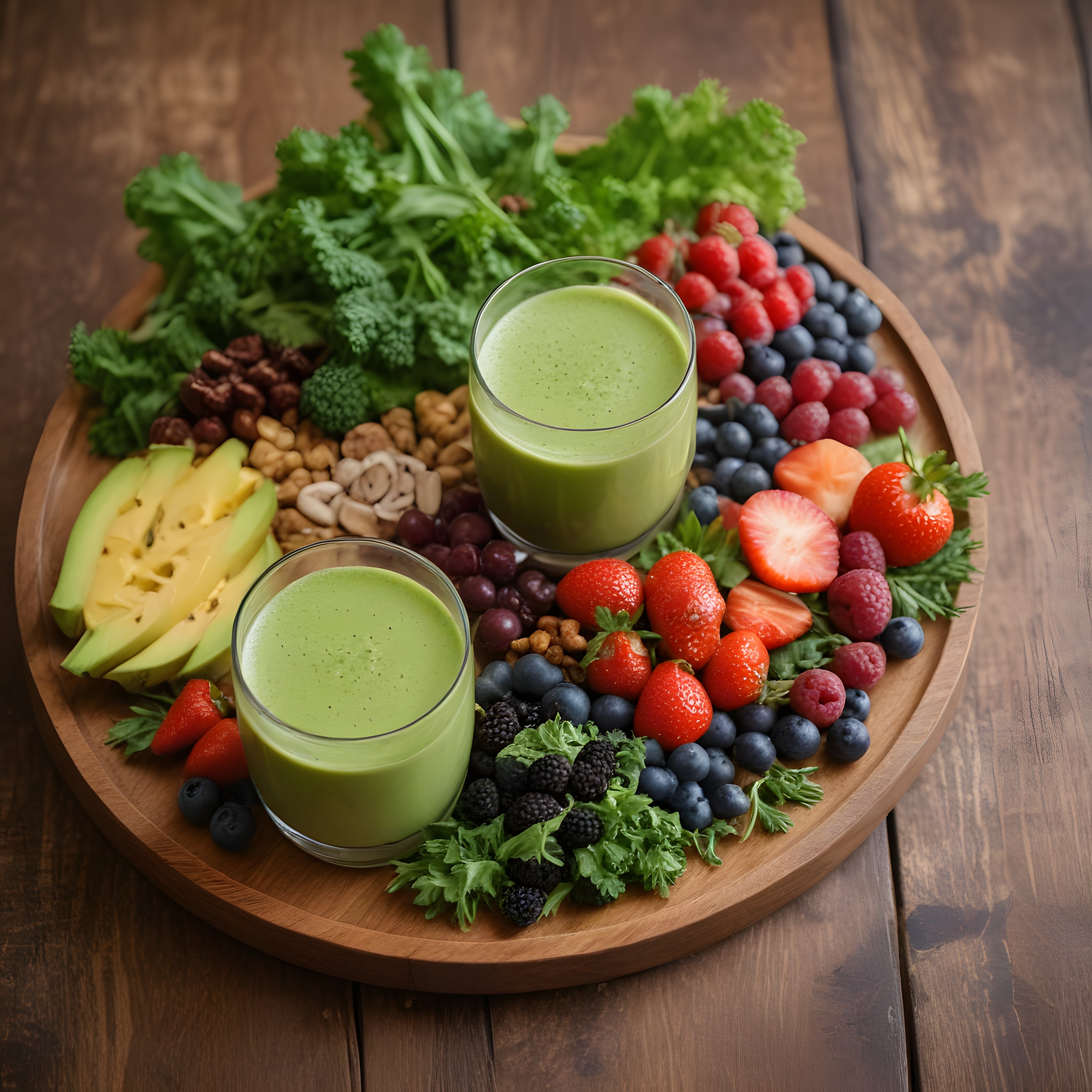 Ahşap Tepside Taze Yeşil Smoothie ile Sağlıklı ve Renkli Besin Sunumu