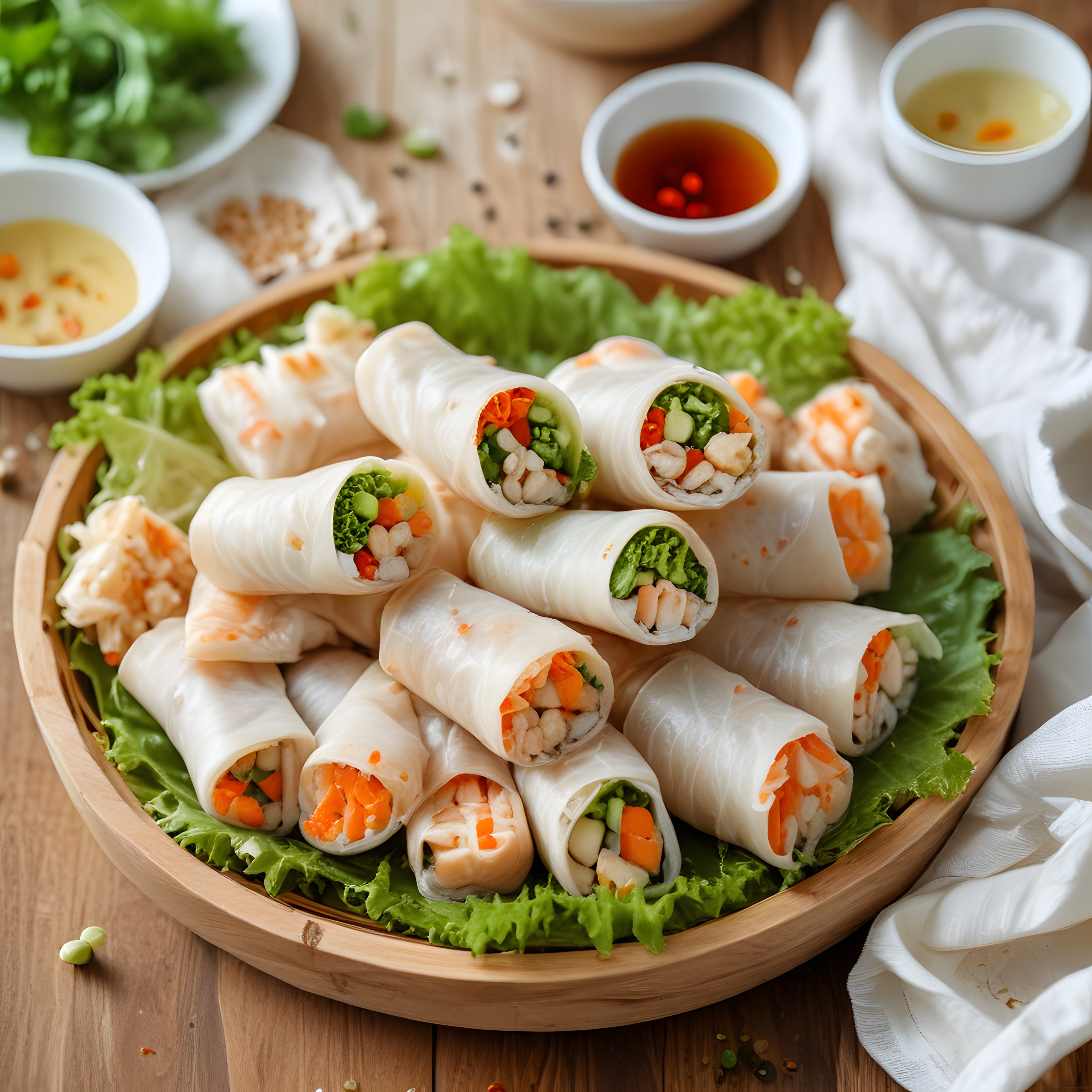 Ahşap tepside Vietnam usulü karidesli taze bahar ruloları ve dipping soslar