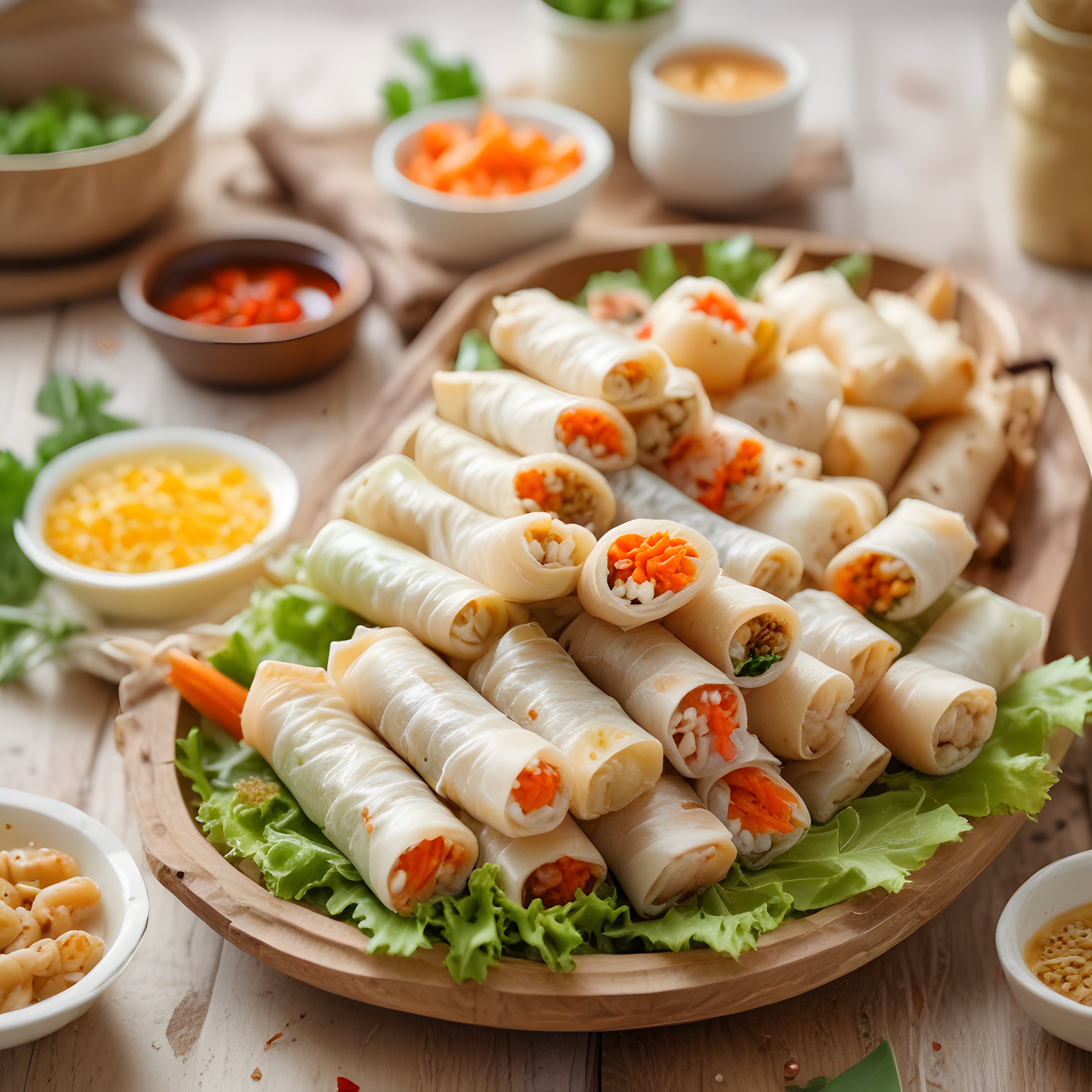 Ahşap Tepside Vietnam Usulü Taze Bahar Ruloları, Marul ve Dip Soslar Eşliğinde