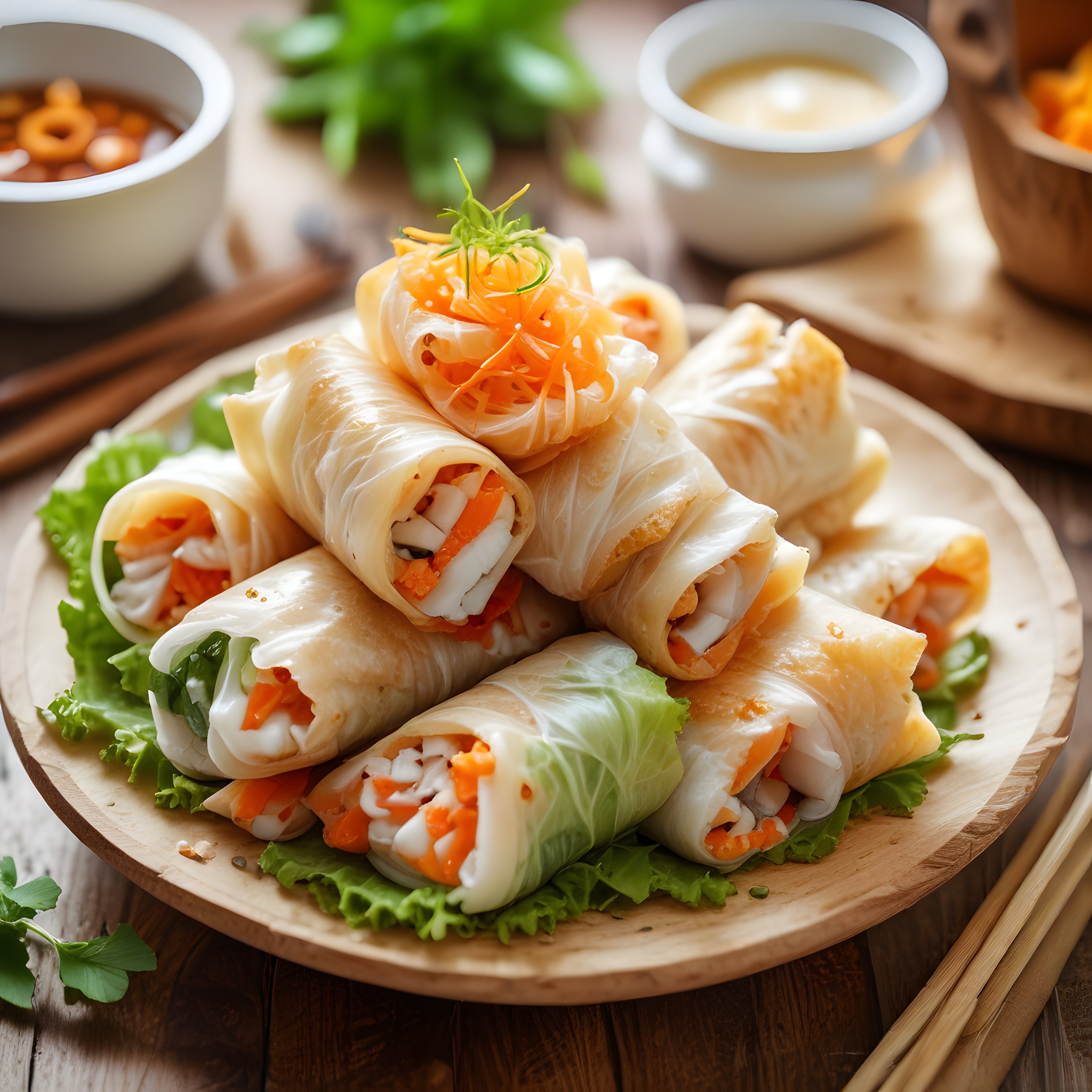 Ahşap Tepside Vietnam Usulü Taze Bahar Ruloları ve Sos Sunumu