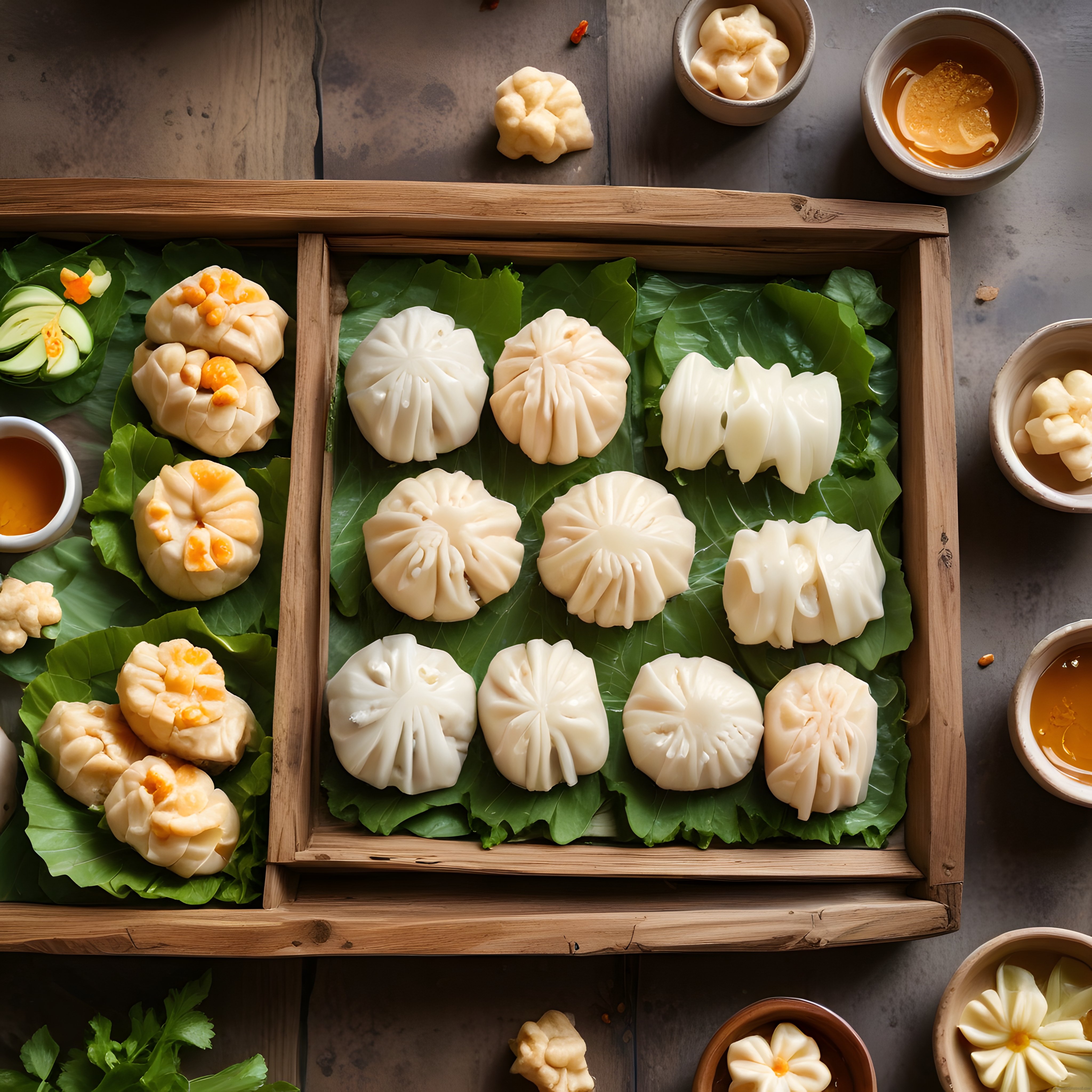 Ahşap Tepside Yaprak Üzerinde Sunulan Geleneksel Çin Mantısı ve Dim Sum