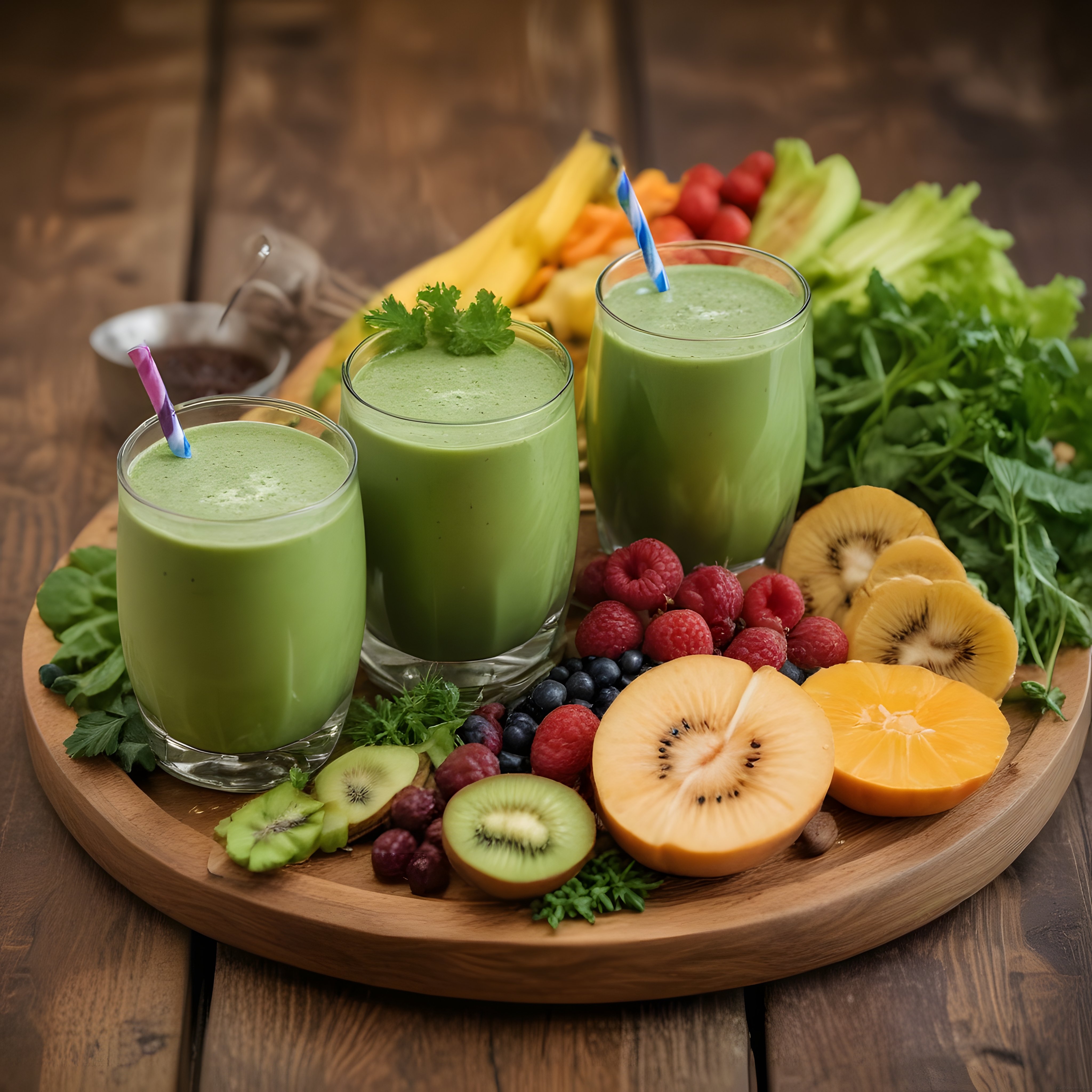 Ahşap Tepside Yeşil Detoks Smoothie ve Taze Meyveli Sağlıklı İçecek