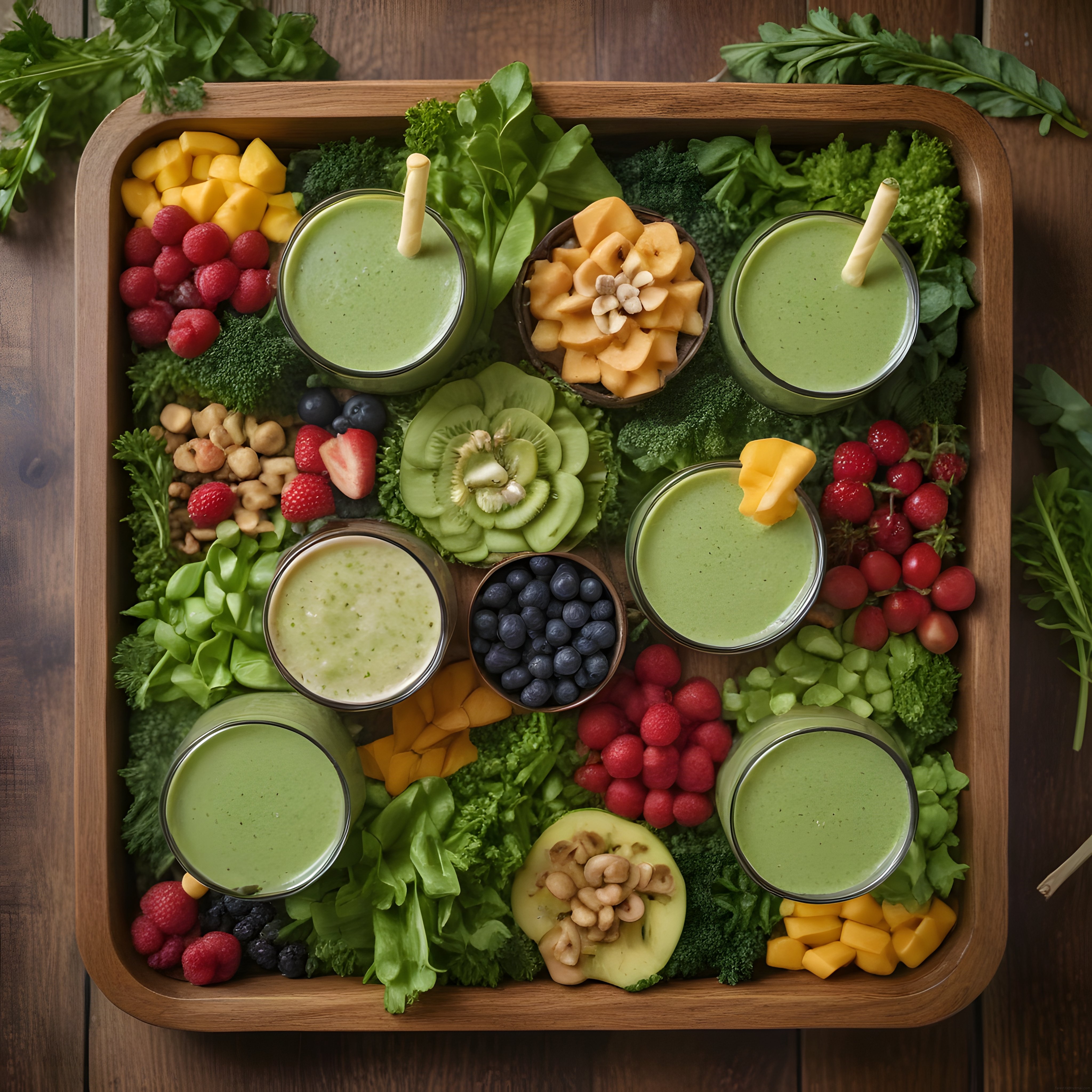 Ahşap Tepside Yeşil Smoothie ve Taze Meyvelerle Sağlıklı Kahvaltı Sunumu