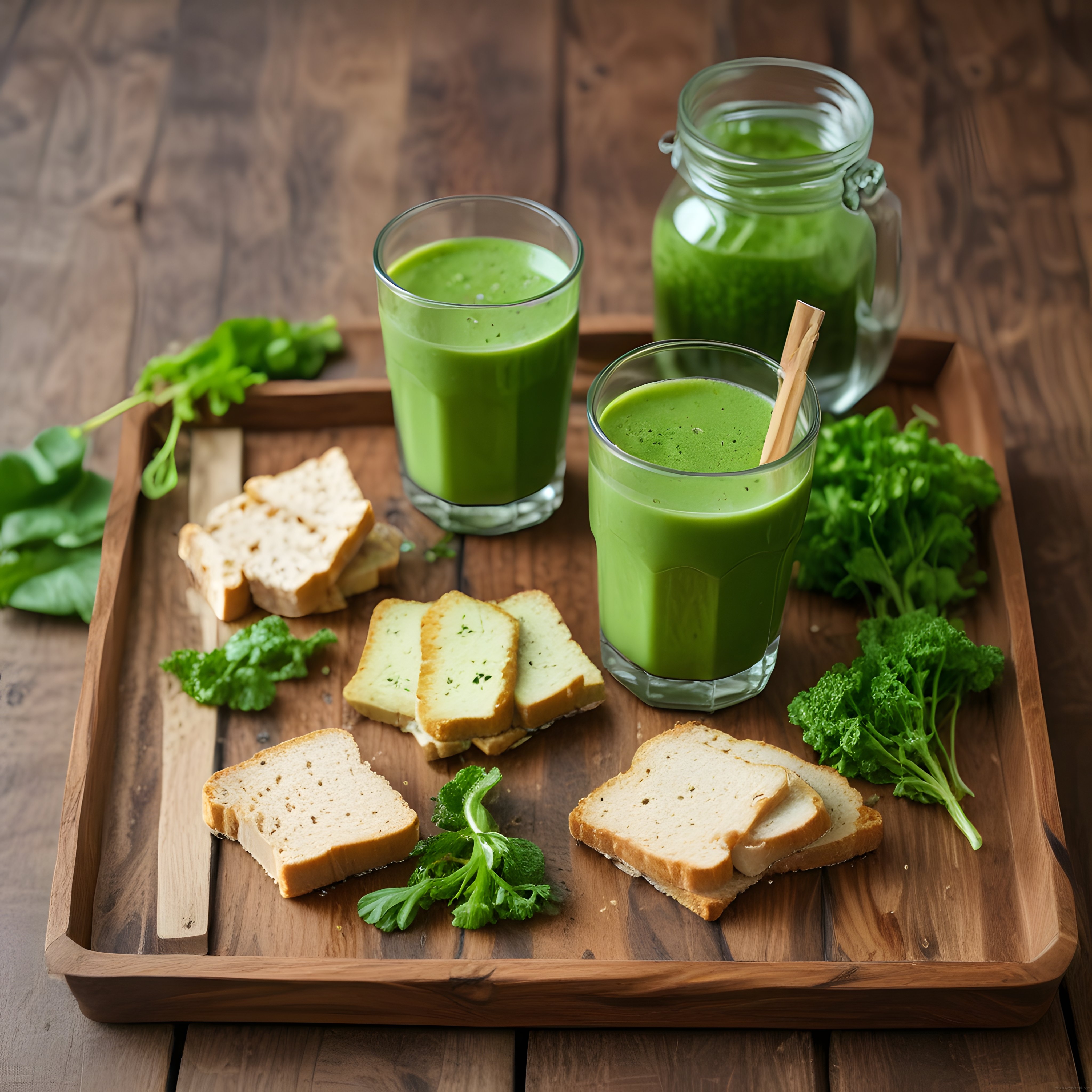 ahşap tepside yeşil smoothie ve taze yeşilliklerle sağlıklı kahvaltı