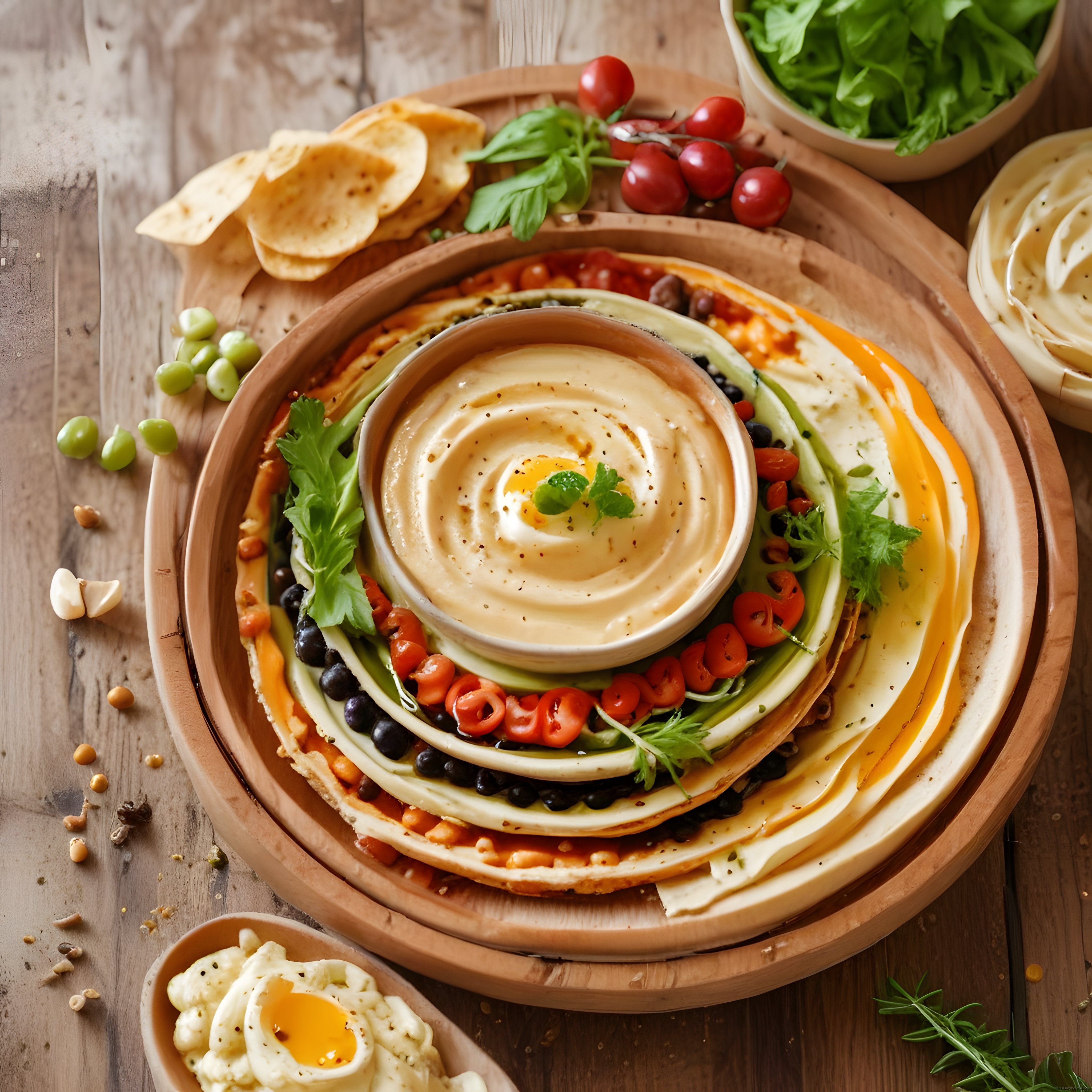 Ahşap tepside zengin katlı kahvaltı sunumu: humus, zeytin ve taze yeşillikler