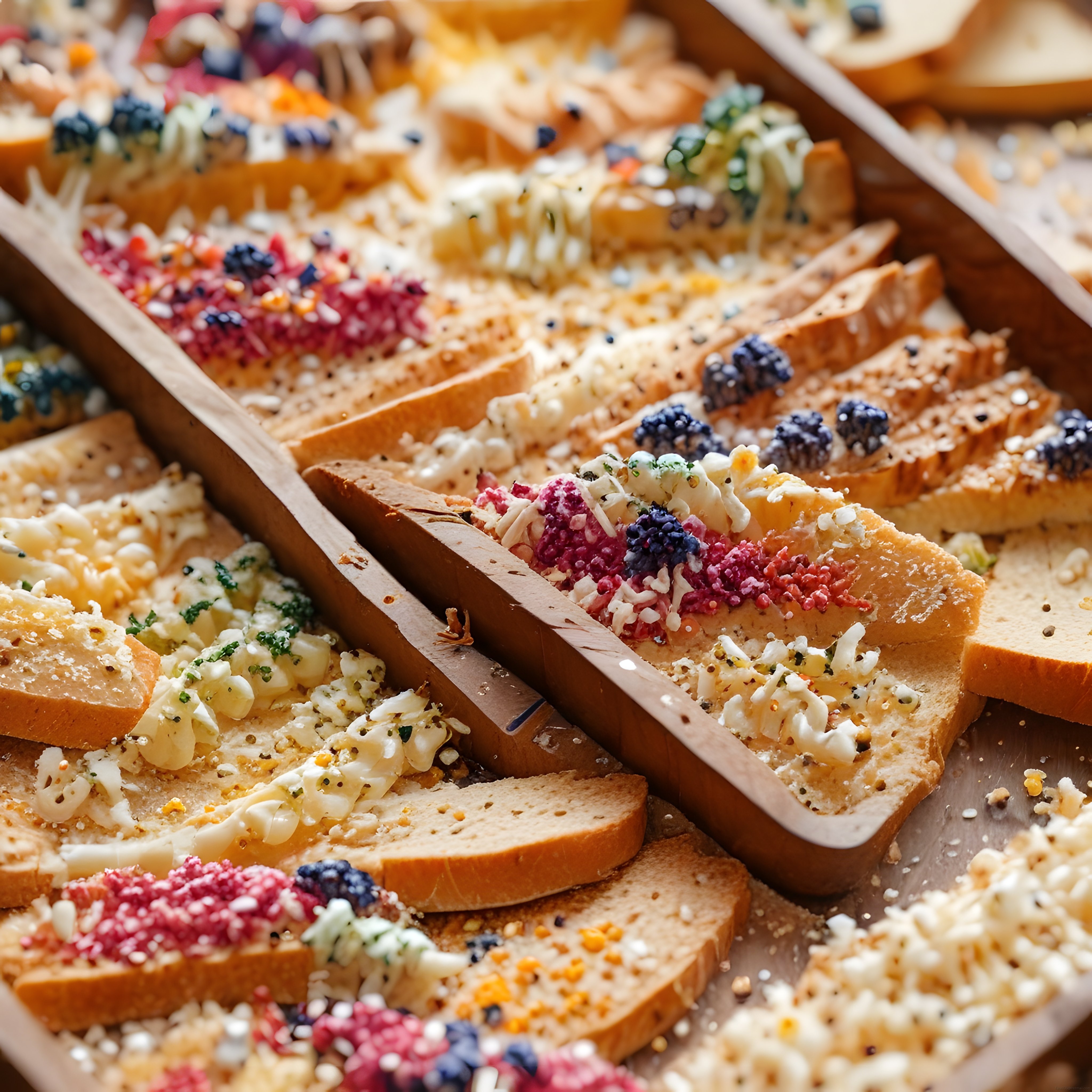 Ahşap tepsilerde sunulan süslenmiş rengarenk kahvaltılık tost çeşitleri