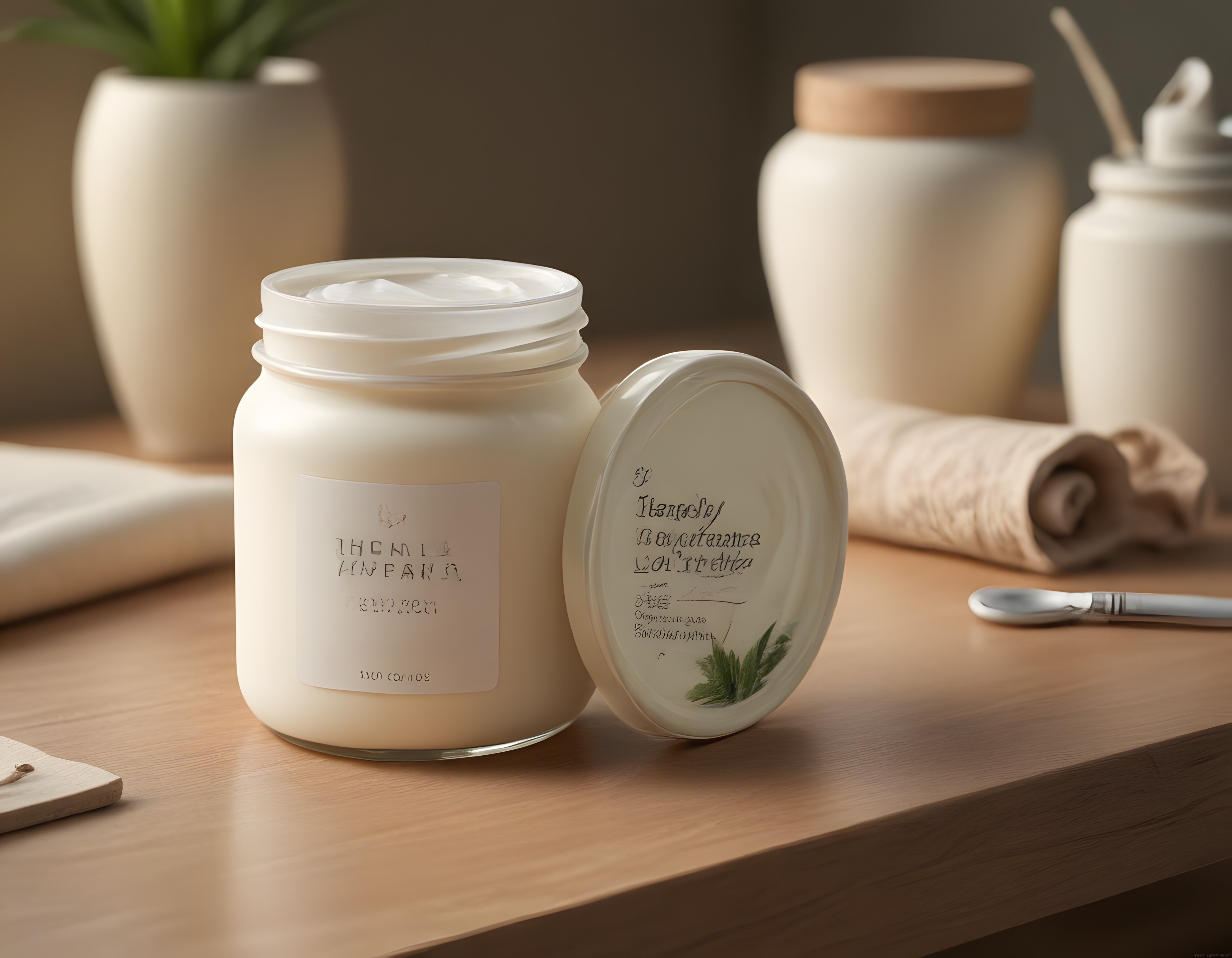 Ahşap tezgah üzerinde açık kavanoz doğal nemlendirici krem ve spa detayı Ahşap tezgah üzerinde açık kavanoz doğal nemlendirici krem ve spa detayı