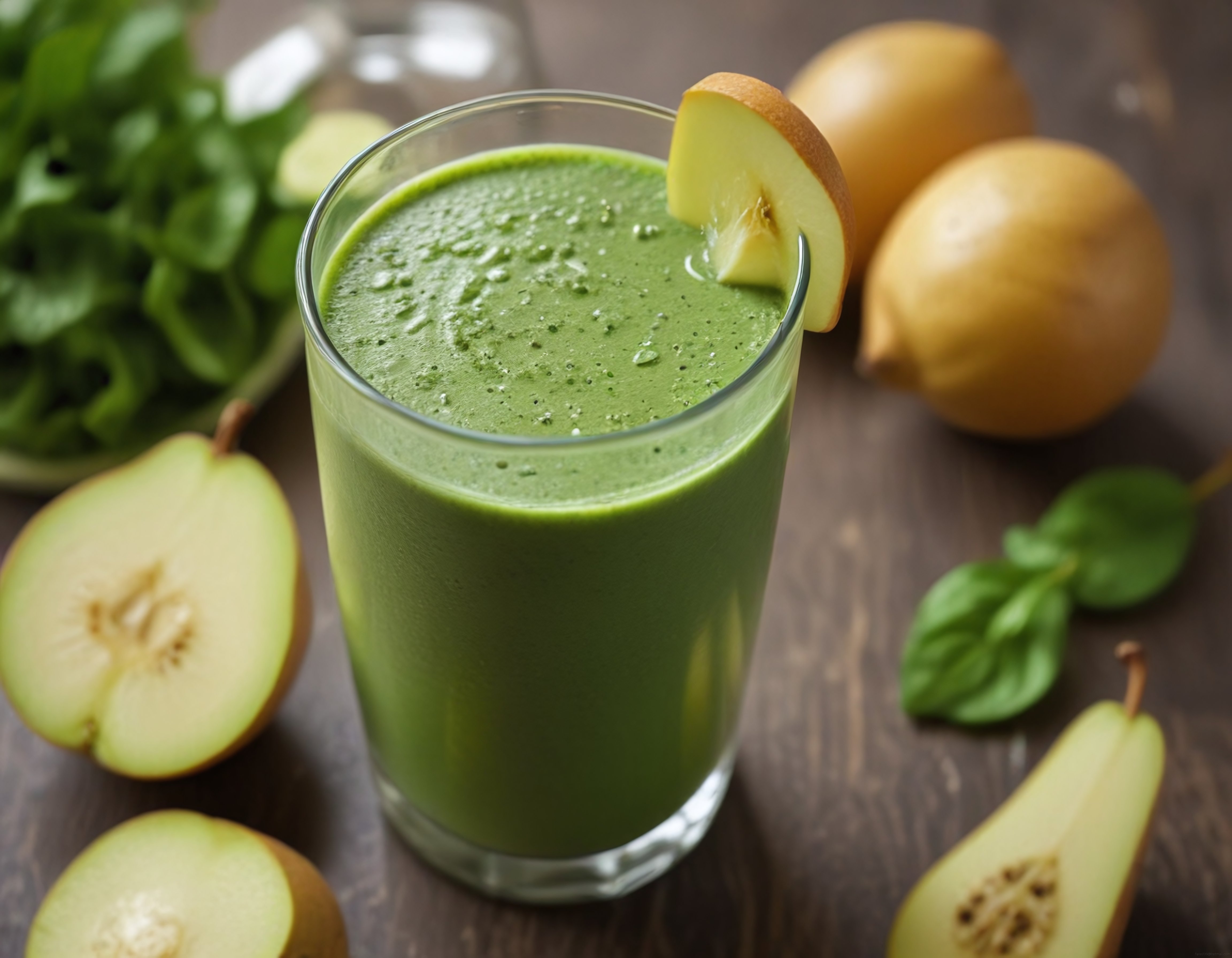 Ahşap Tezgah Üzerinde Bardakta Taze Armutlu Ispanaklı Yeşil Smoothie Sunumu