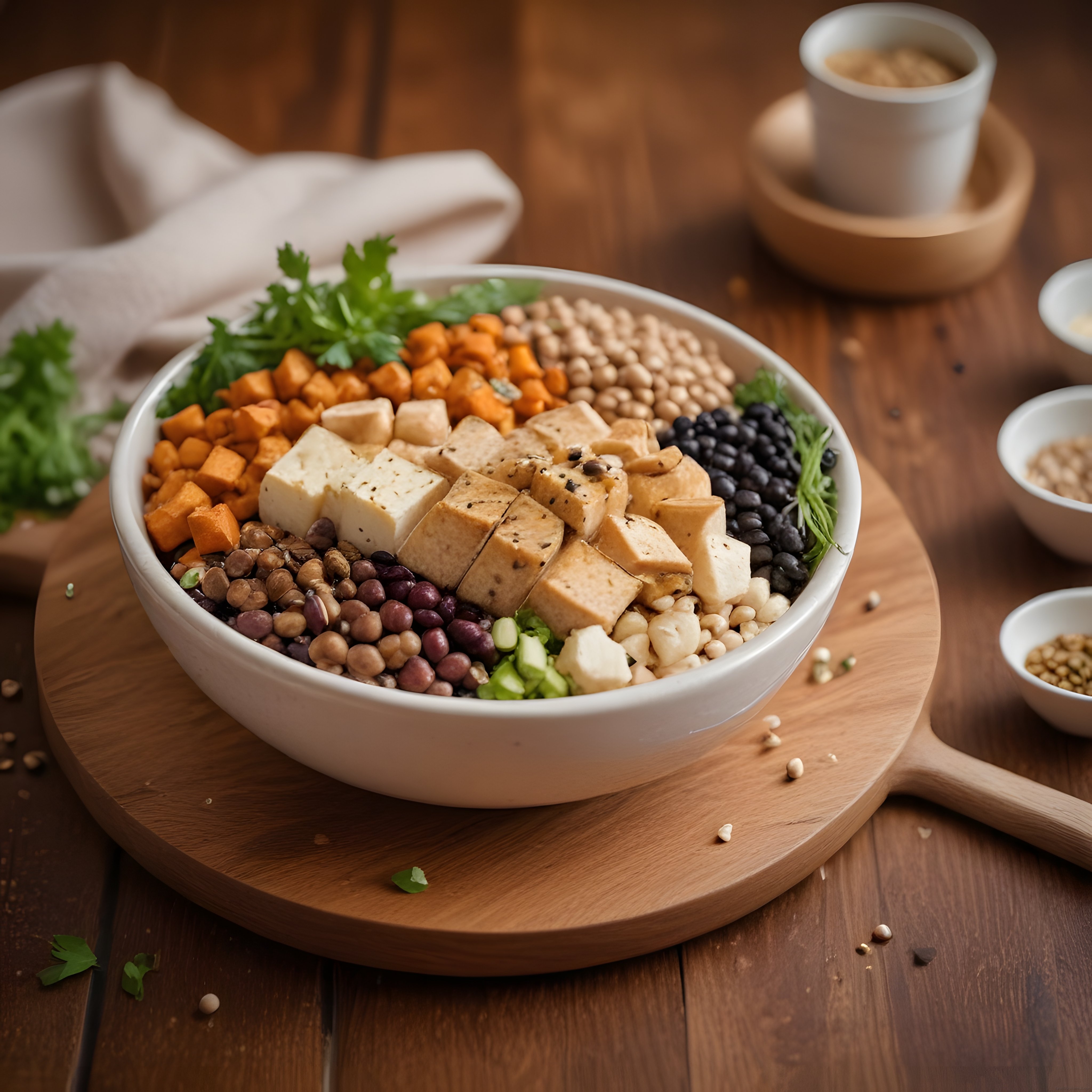 Ahşap Tezgahta Besleyici Tofulu Baklagilli Renkli Vegan Protein Kasesi