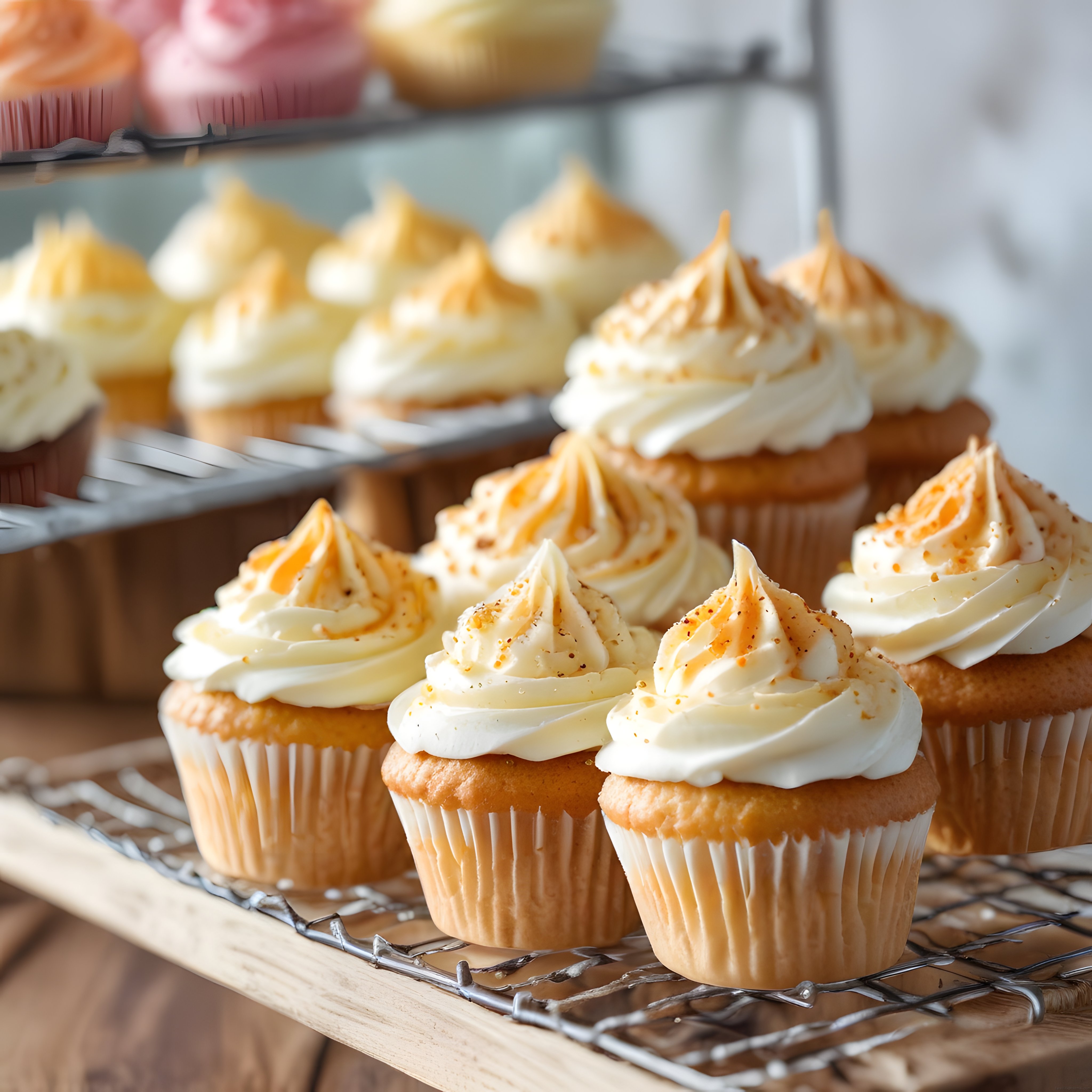 Ahşap Tezgahta Kremalı Cupcake'ler ve Taze Pastane Tatlıları
