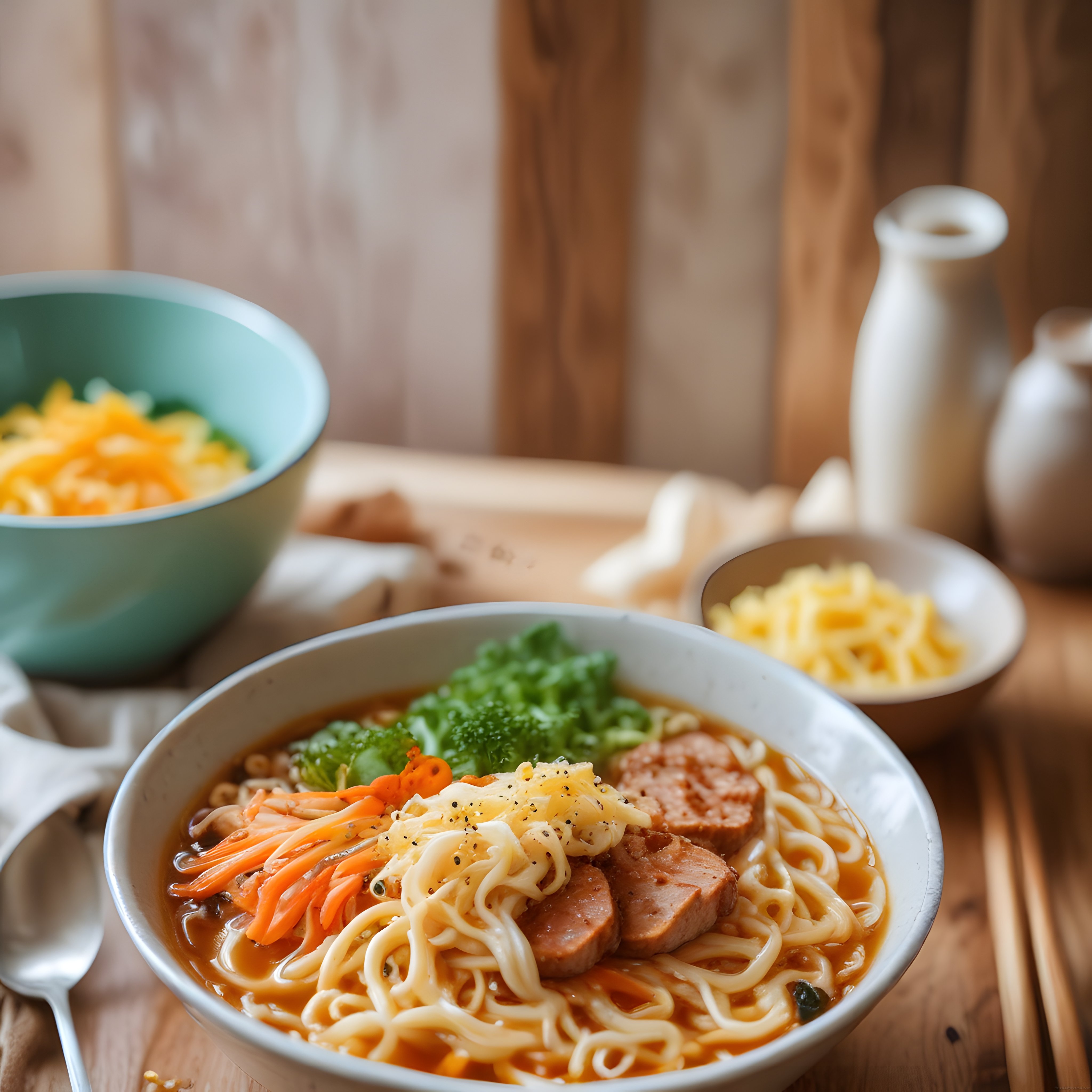Ahşap Tezgahta Sosisli Brokolili ve Peynirli Sıcak Ramen Kasesi