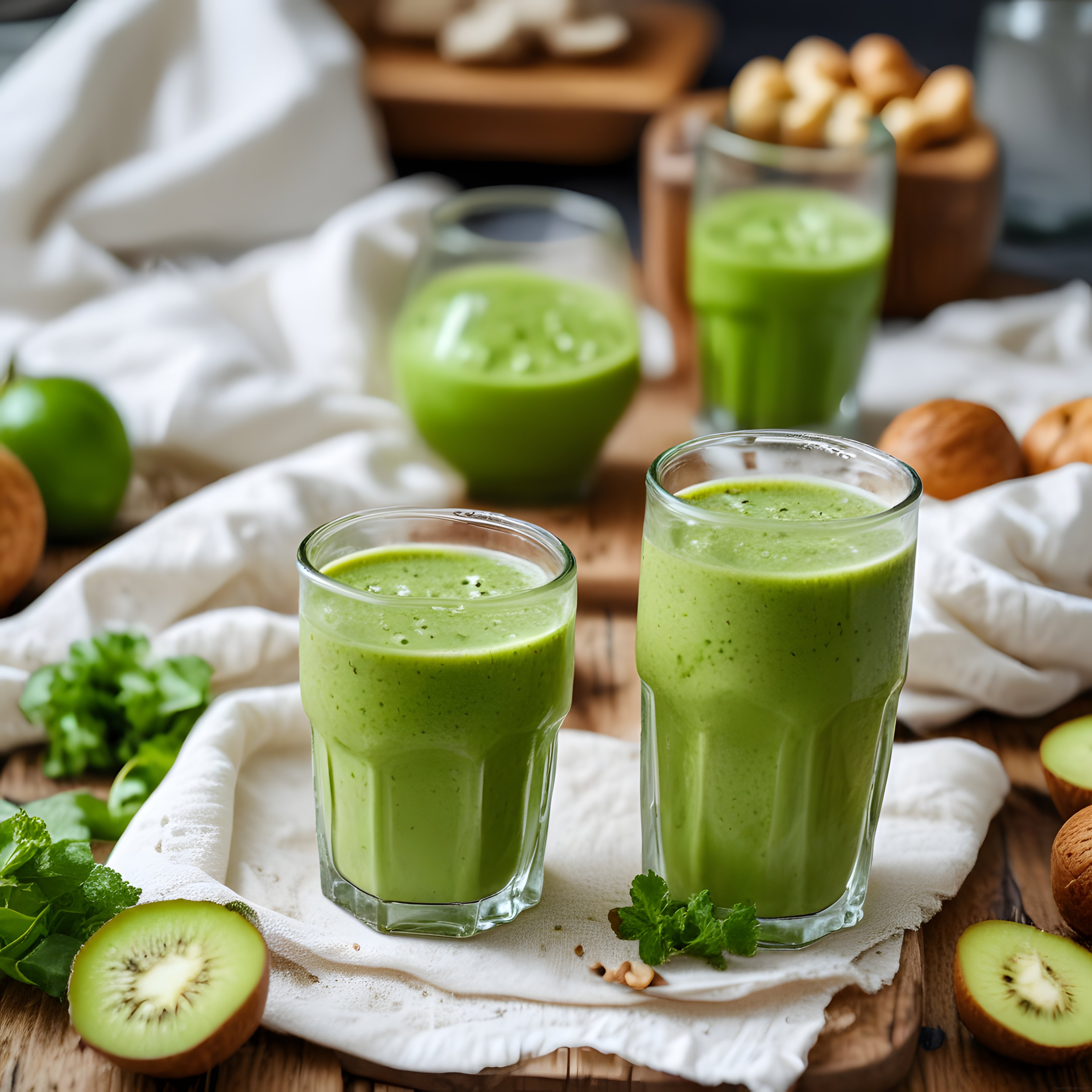 Ahşap tezgahta taze yeşil smoothie ve kivi ile sağlıklı içecek sunumu