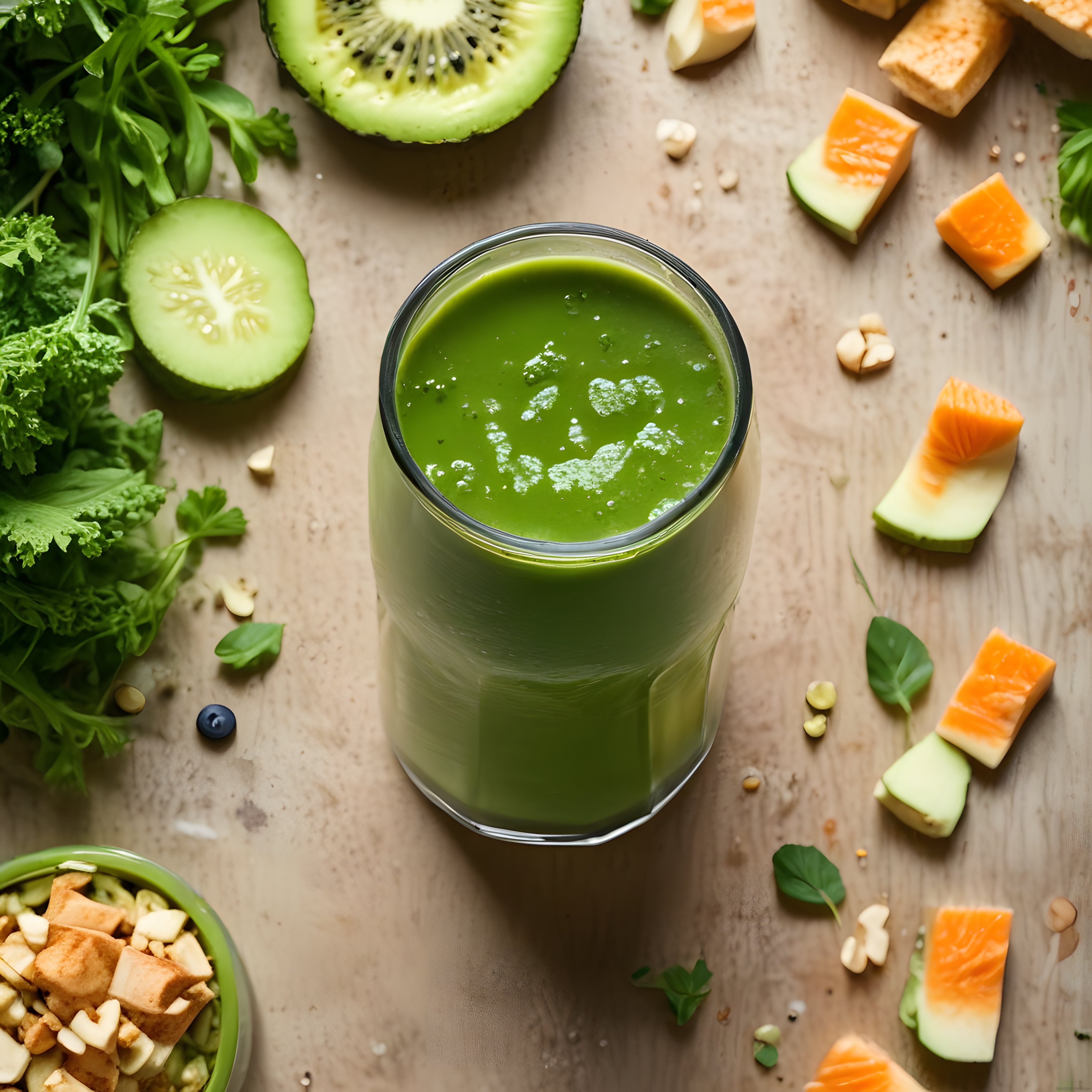 Ahşap tezgahta taze yeşil smoothie ve sebzelerle sağlıklı içecek tarifi