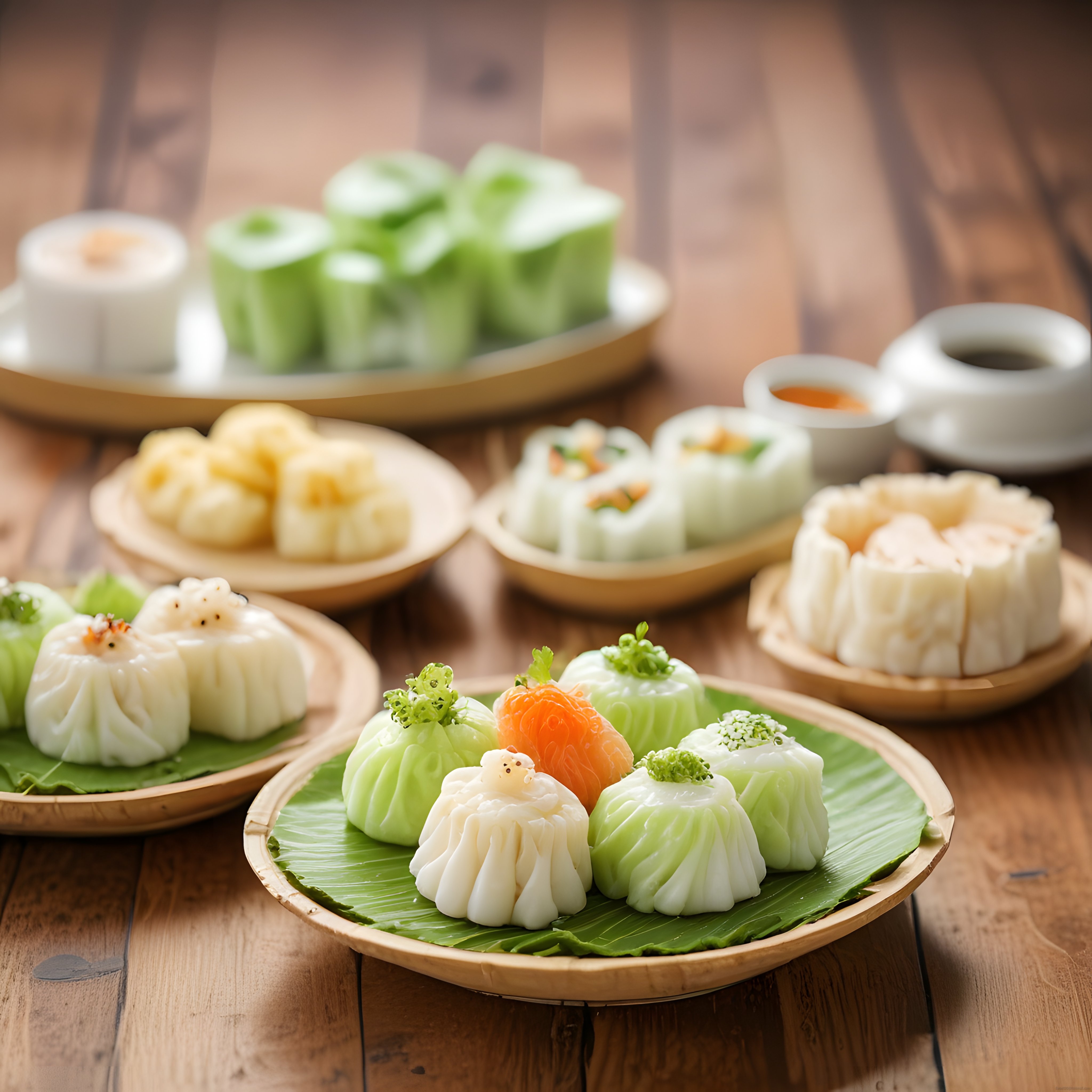 Ahşap Üzerinde Sunulan Renkli Asya Tatlıları: Çiçek Şeklinde Dim Sum ve Mochi