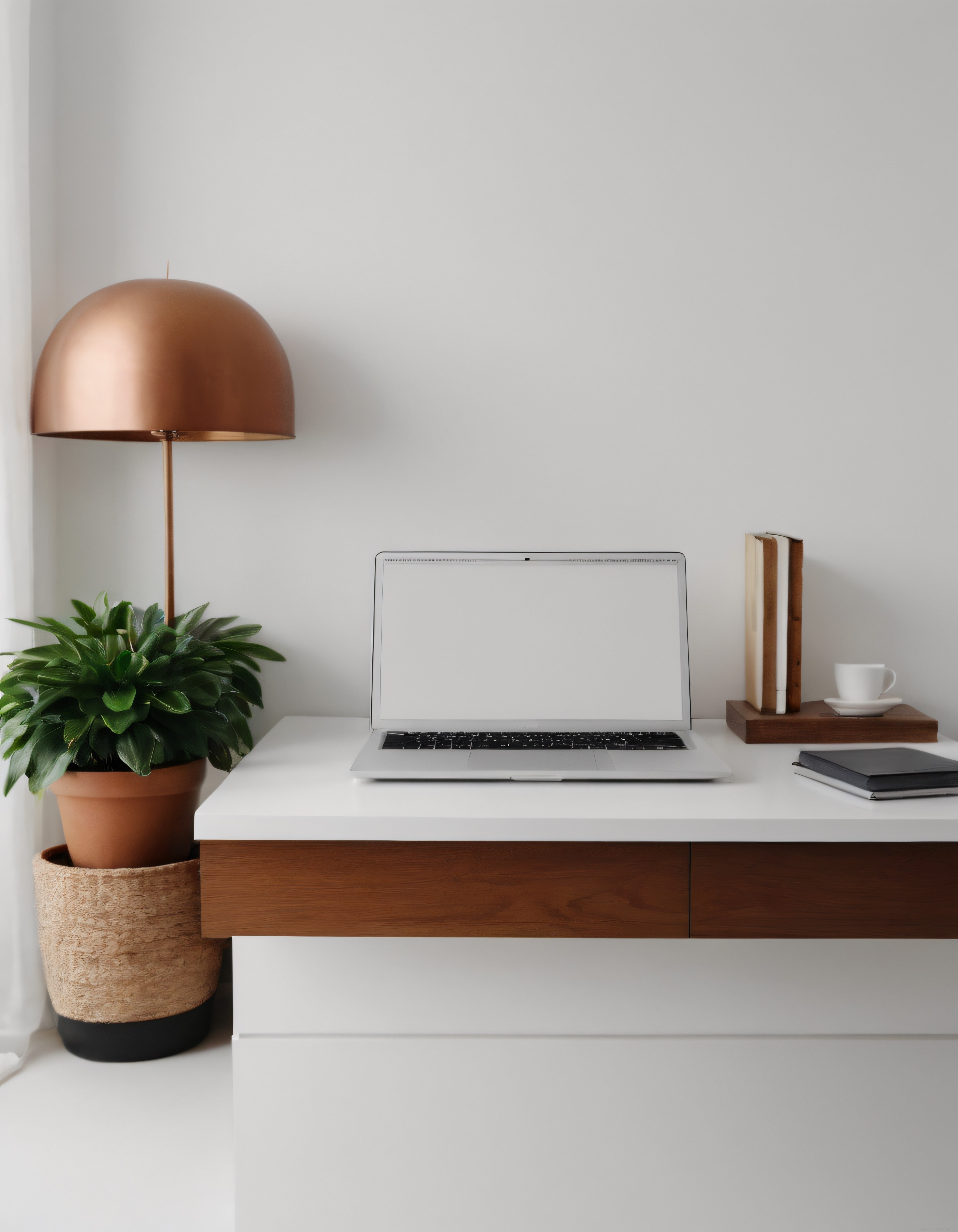 Ahşap ve Beyaz Tonlarında Minimalist Çalışma Masası ile Huzurlu Ev Ofisi