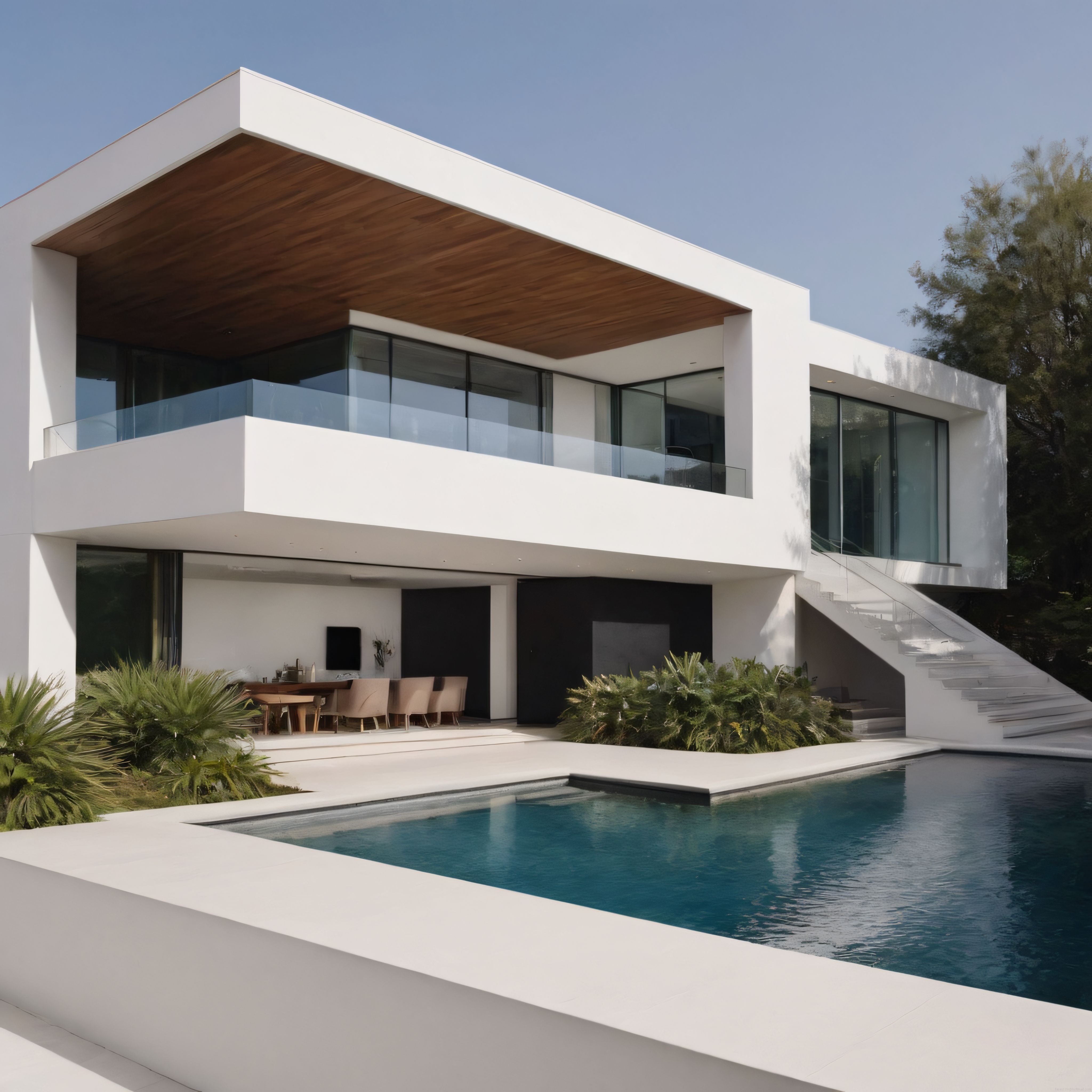 Ahşap ve Cam Detaylı Lüks Beyaz Beton Villa ile Yüzme Havuzu Manzarası