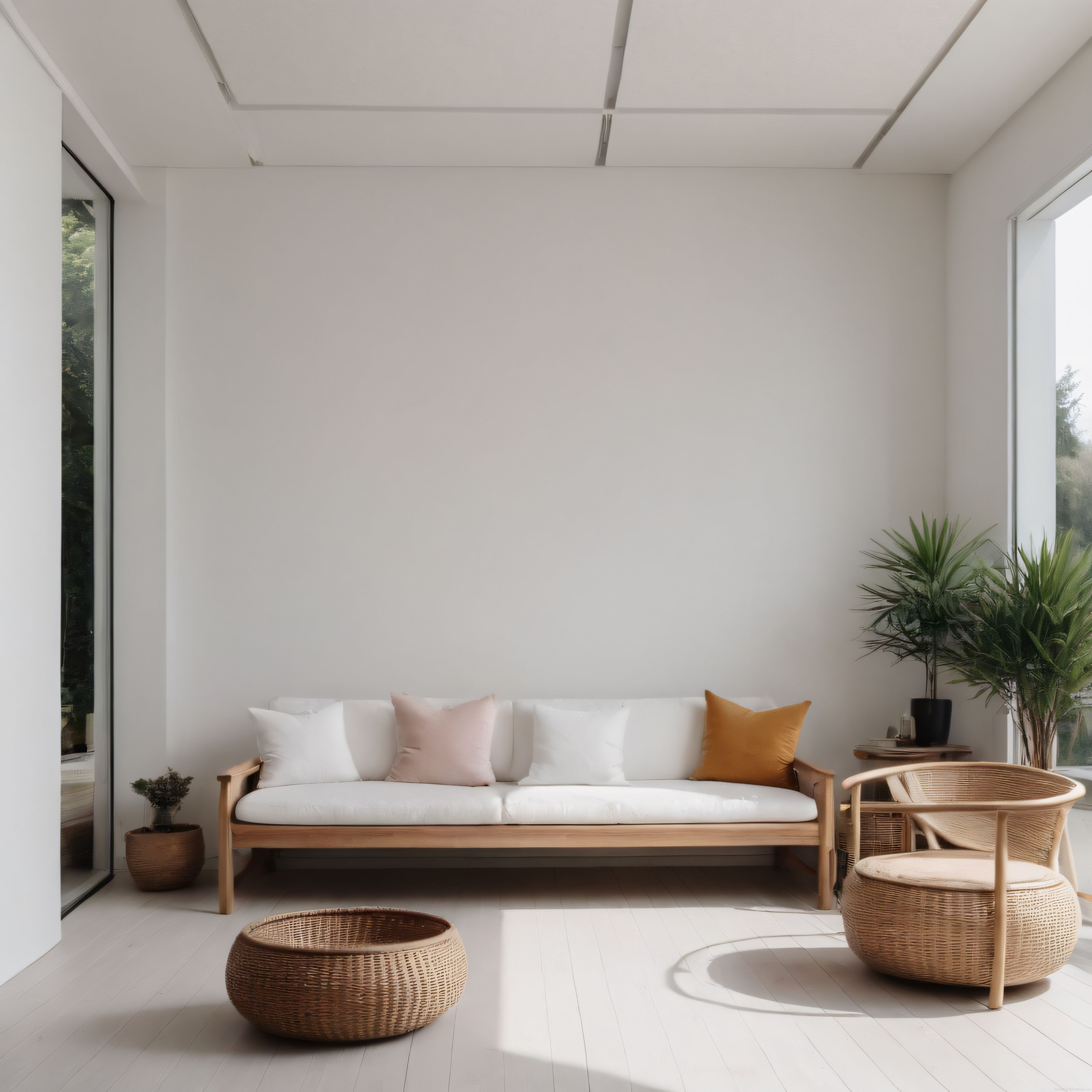 Ahşap ve Hasır Detaylarla Süslenmiş Aydınlık Minimalist Salon Dekorasyonu