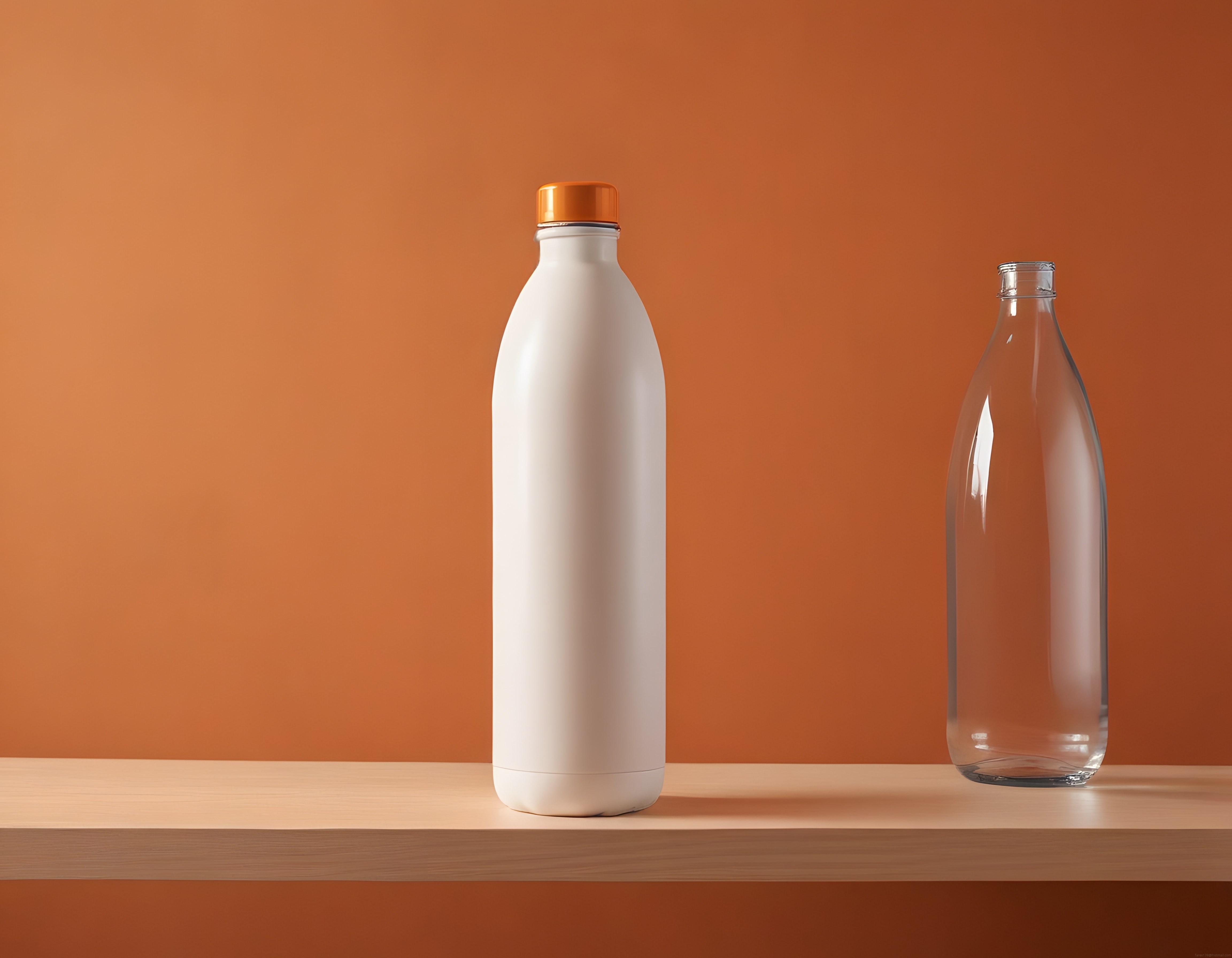 Ahşap Yüzeyde Duran Beyaz Termos ve Şeffaf Cam Şişe Minimalist Ürün Fotoğrafı