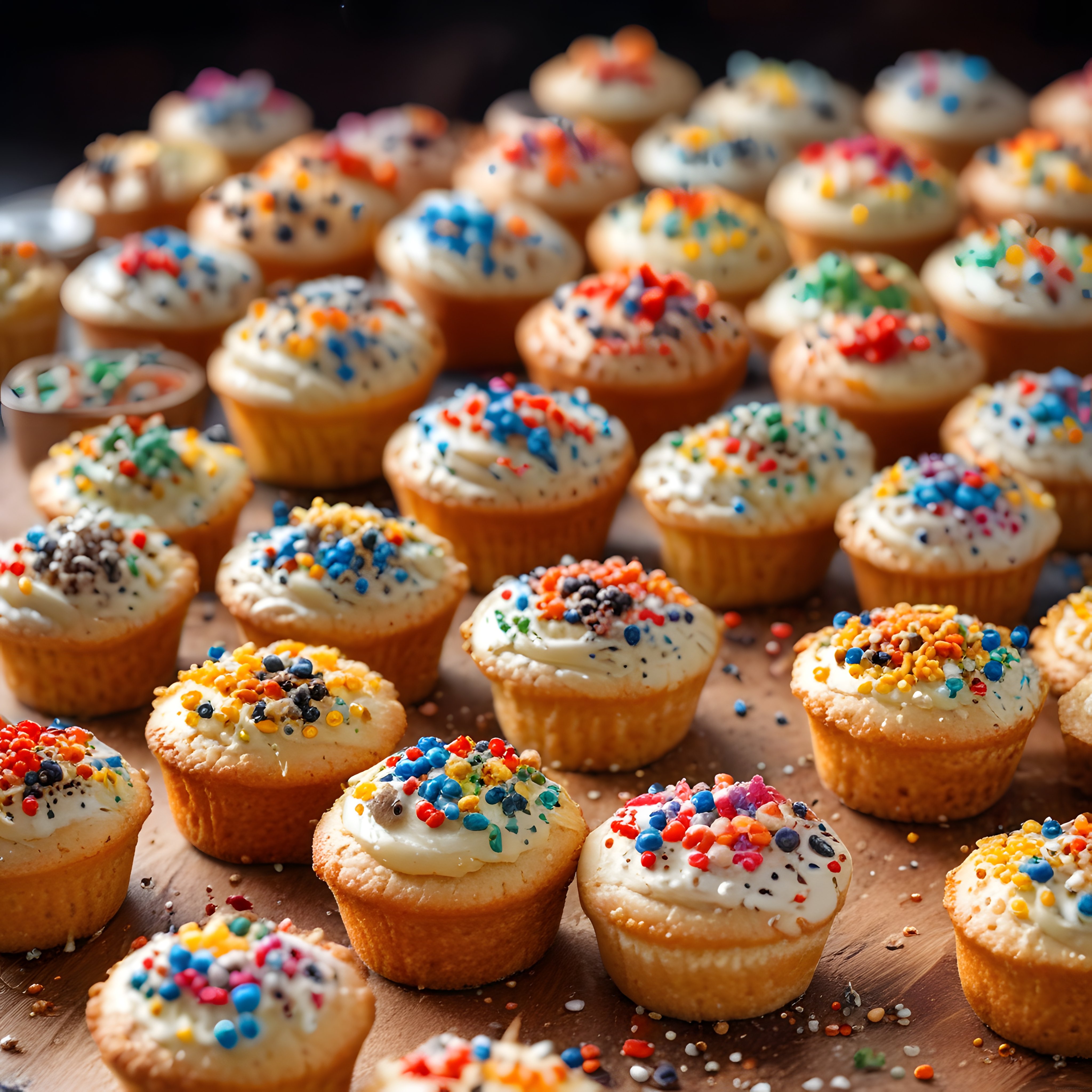Ahşap Yüzeyde Renkli Şekerlemeli ve Krema Süslü Mini Cupcake Çeşitleri
