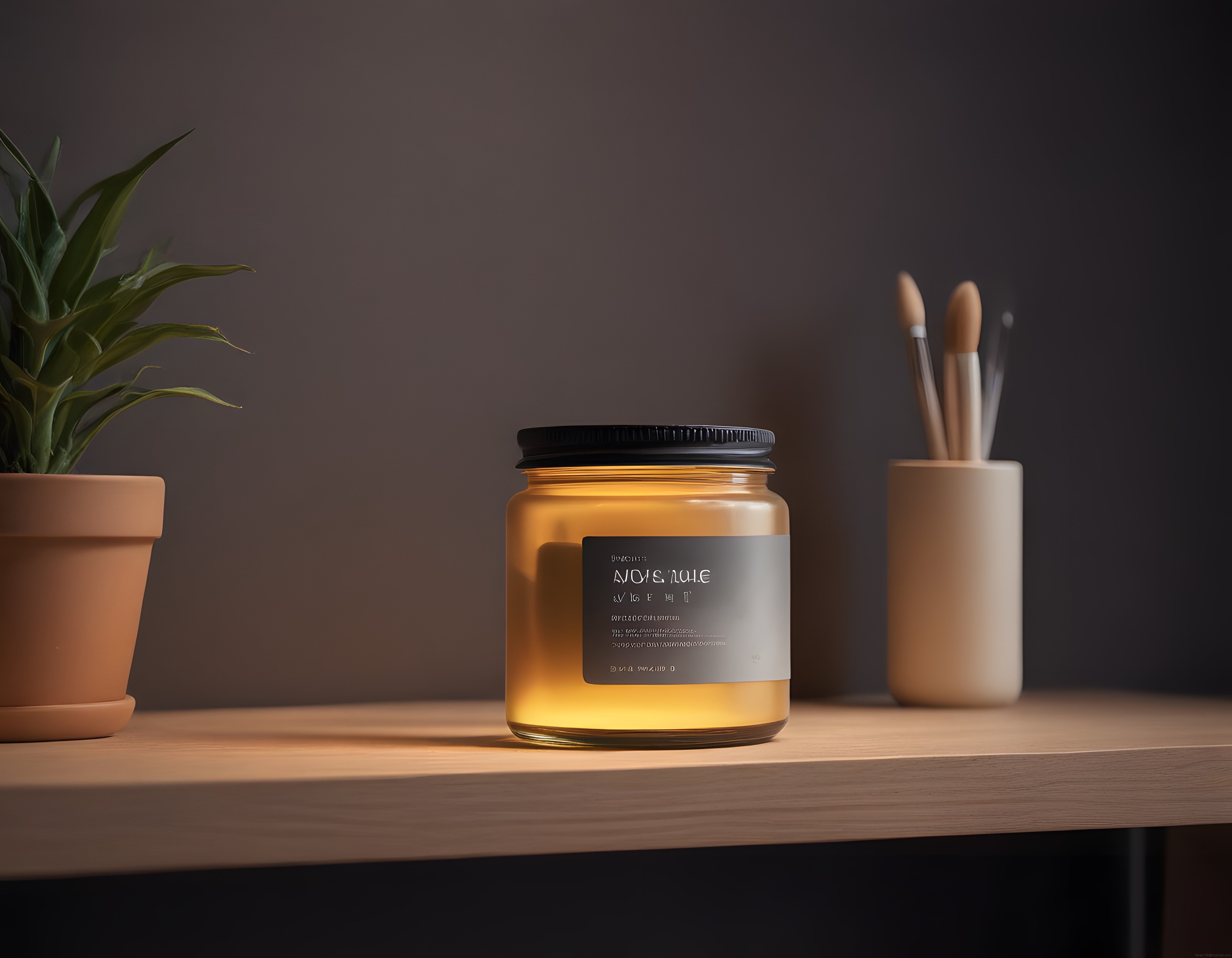 Ahşap Yüzeyde Yanan Mum ve Saksı Bitki ile Sıcak Minimal Ev Dekorasyonu