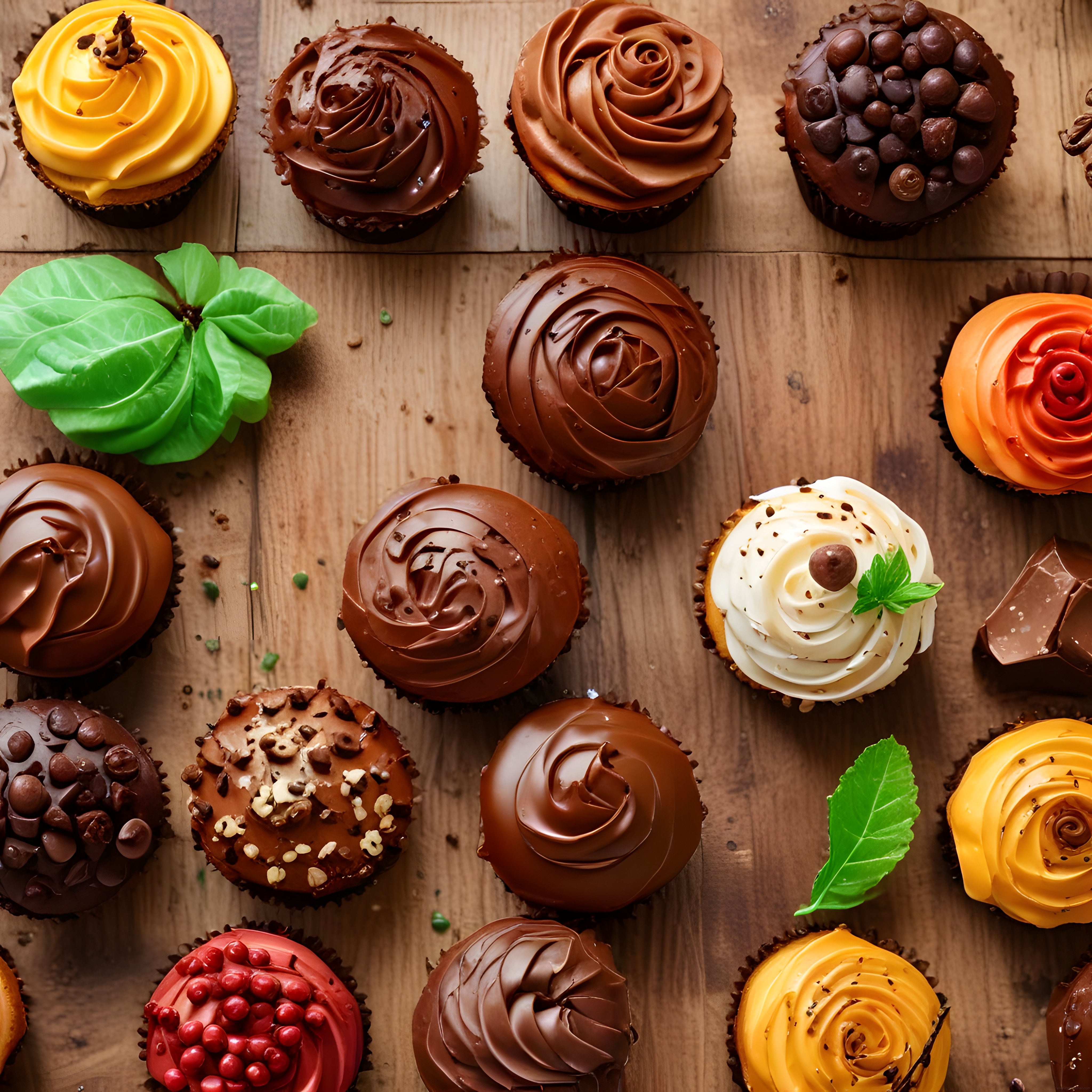 Ahşap zemin üzerinde çikolatalı ve kremalı cupcakelerin renkli lezzet sunumu