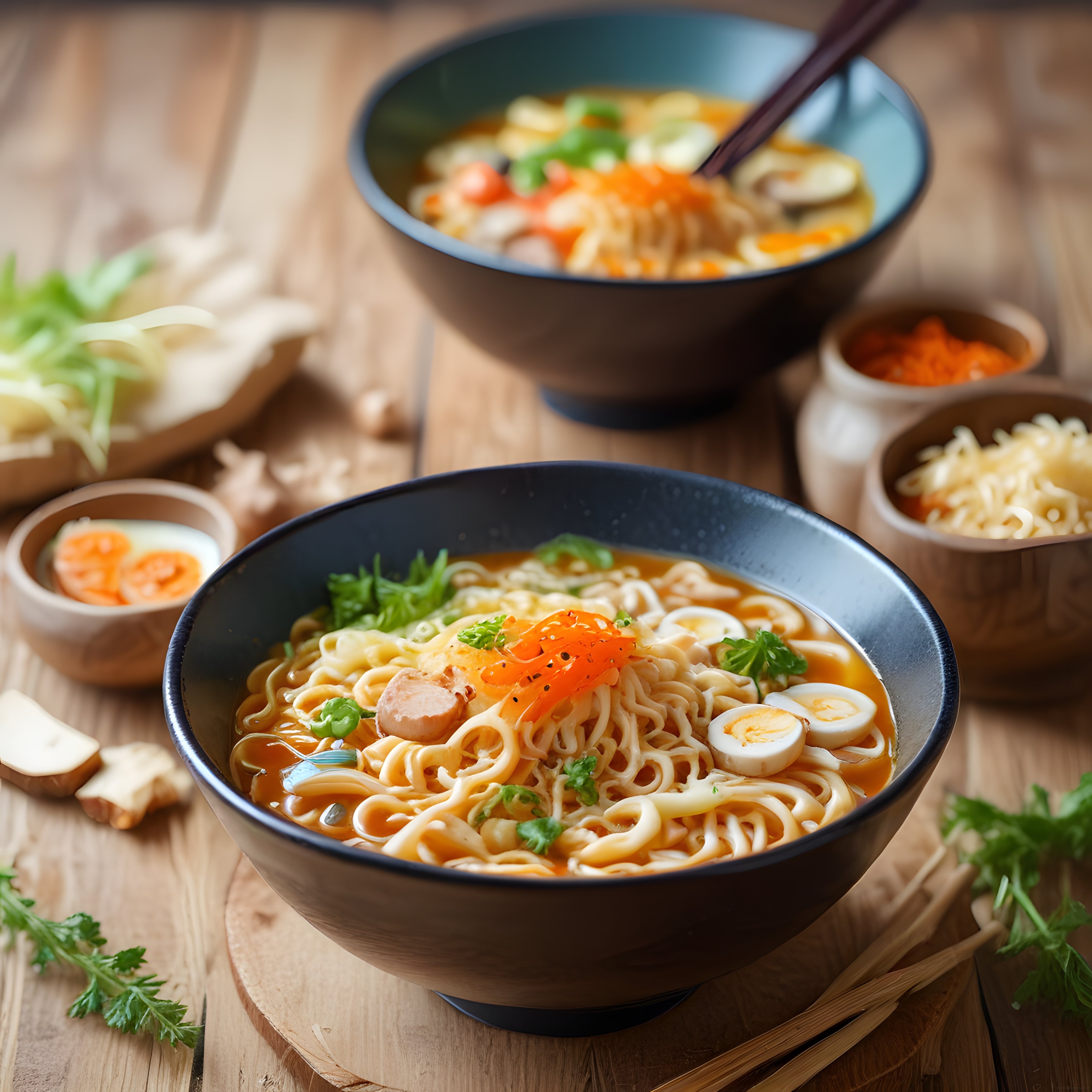 Ahşap Zemin Üzerinde İki Kase Sıcak Japon Ramen ve Taze Malzemeler
