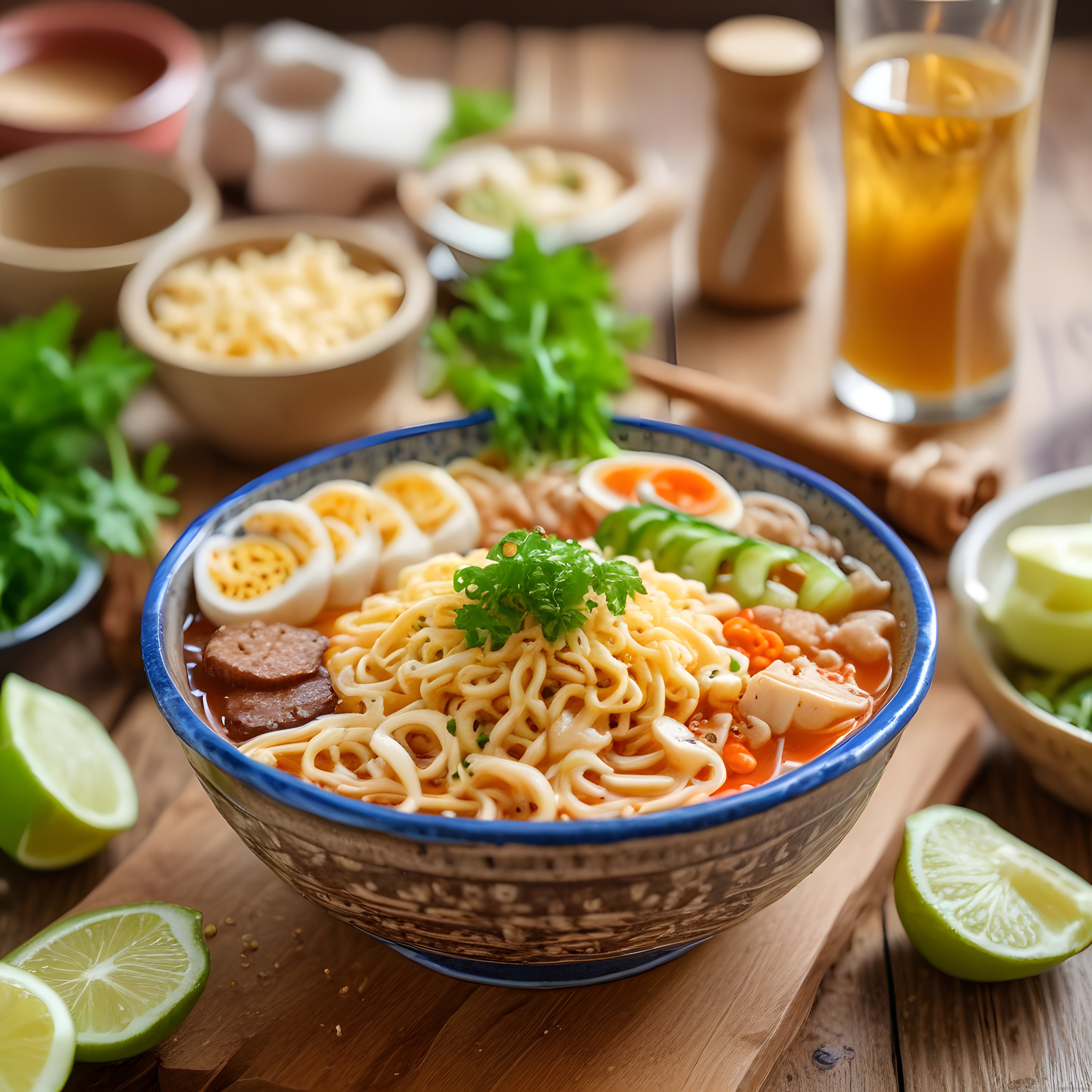 Ahşap Zemin Üzerinde Mavi Kasede Sunulan Asya Usulü Noodle Çorbası