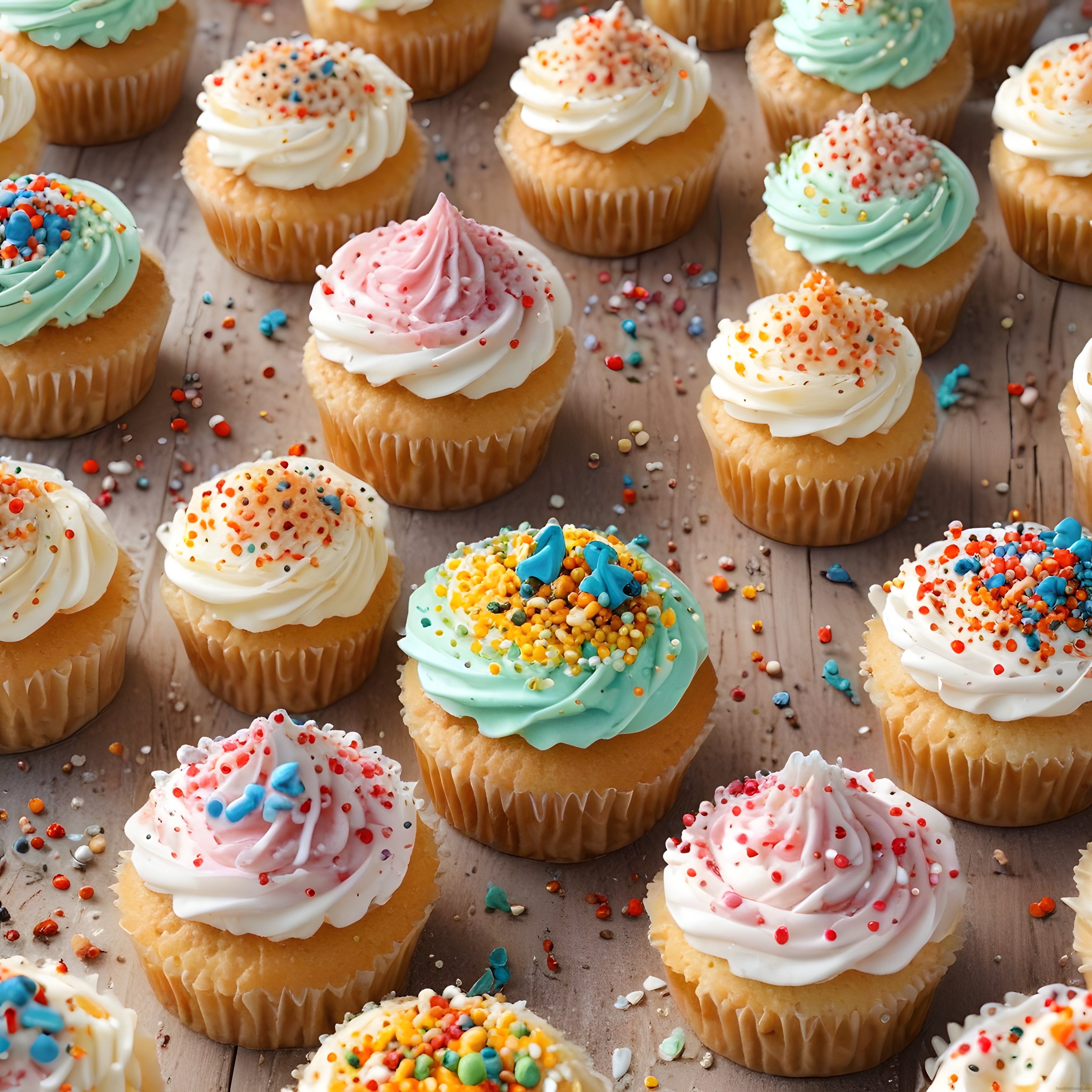 Ahşap Zemin Üzerinde Renkli Kremalı ve Boncuk Süslü Nefis Cupcakeler