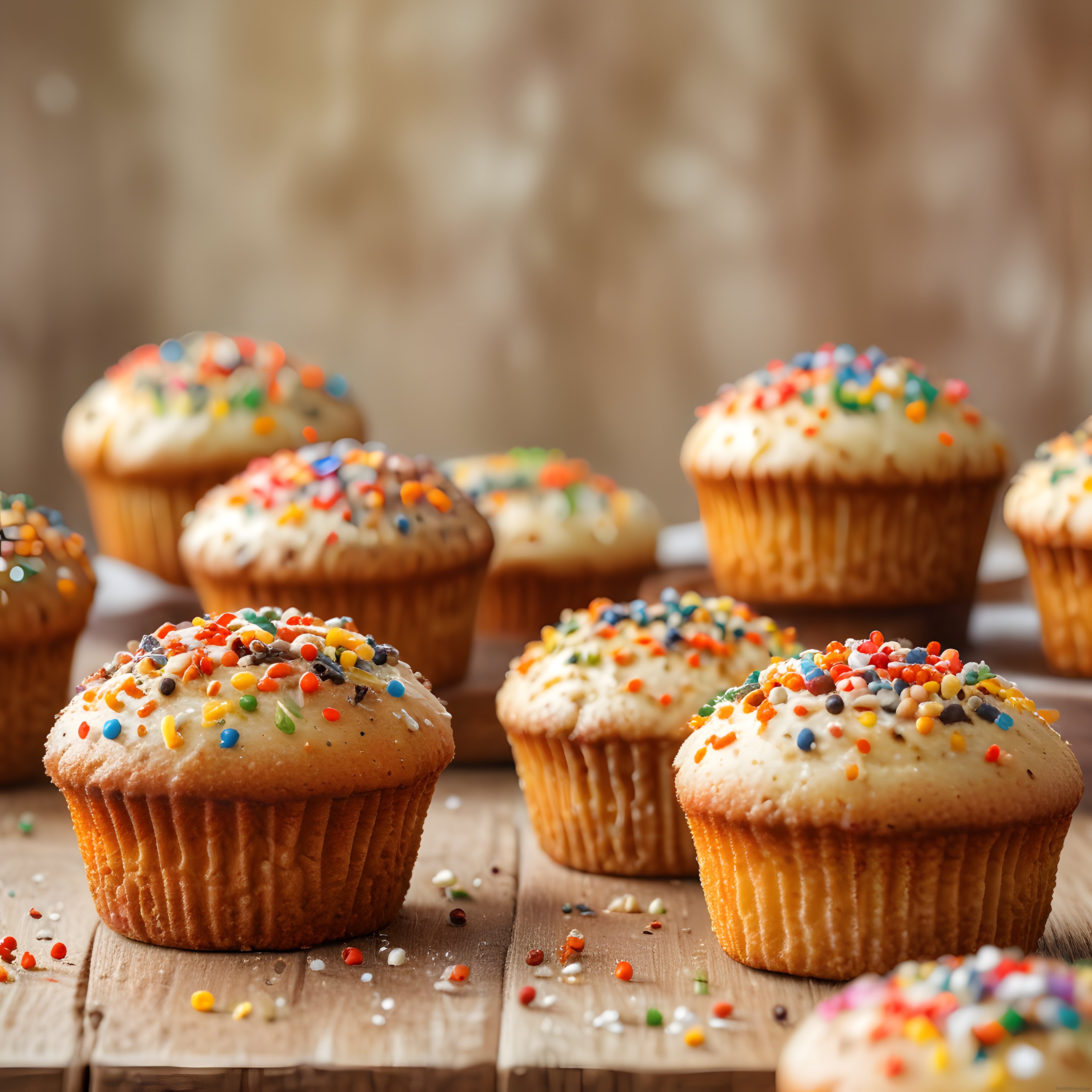 Ahşap Zemin Üzerinde Renkli Süslemeli Taze Kapkek ve Muffin Koleksiyonu