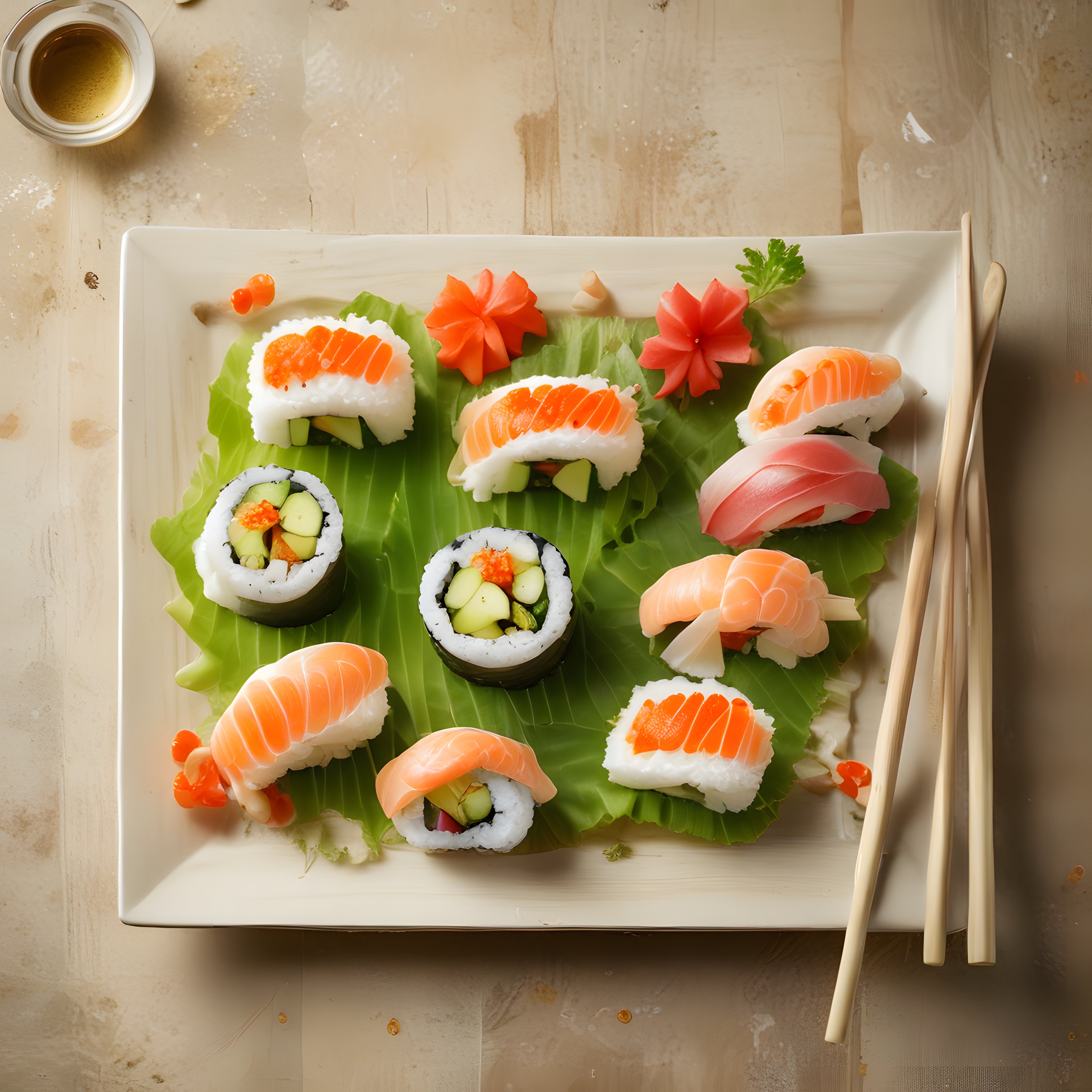 Ahşap Zemin Üzerinde Şık Sunumlu Taze Somon Sushi ve Maki Çeşitleri