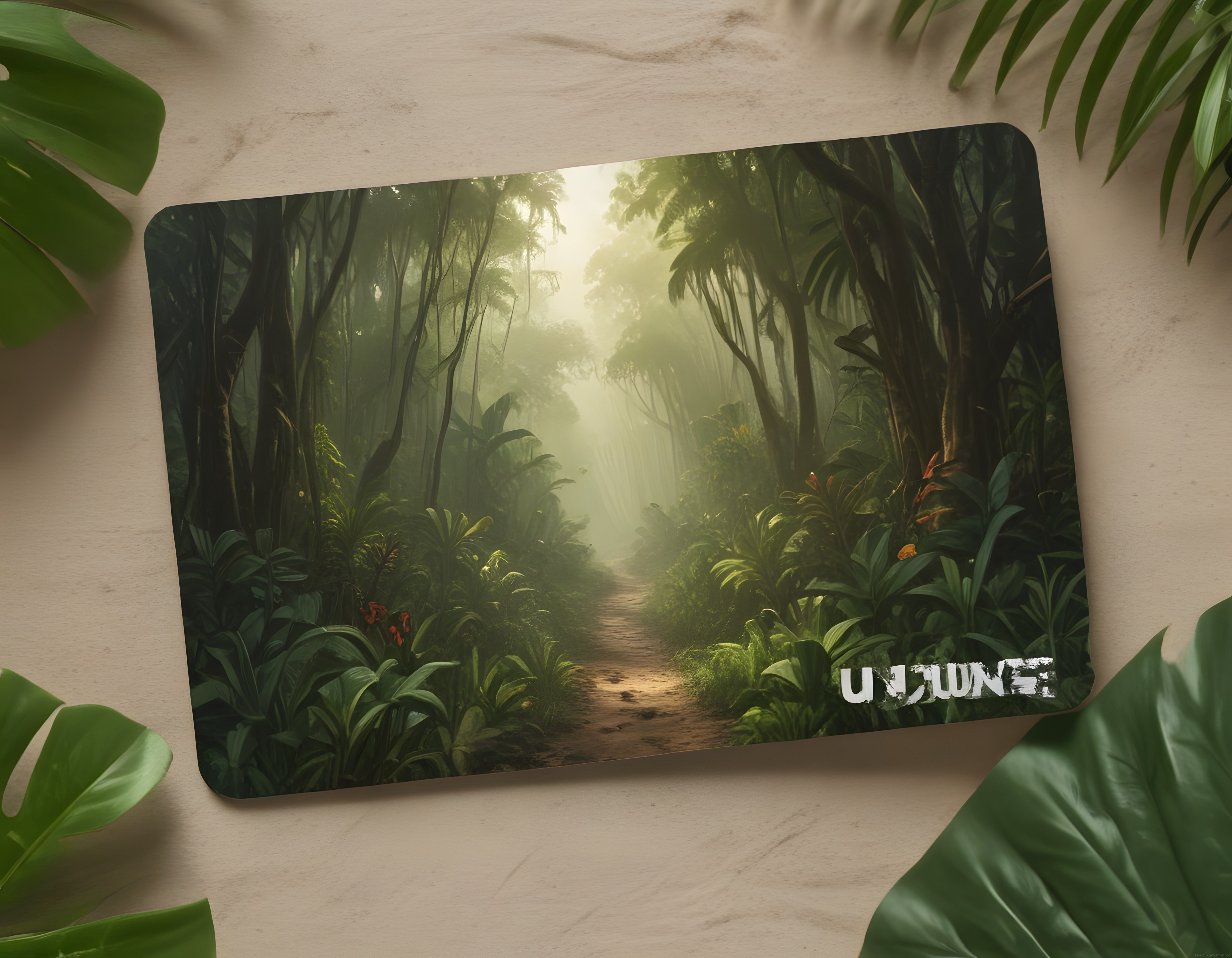 Ahşap Zemin Üzerinde Sisli Jungle Manzaralı Mousepad ve Tropikal Bitkiler