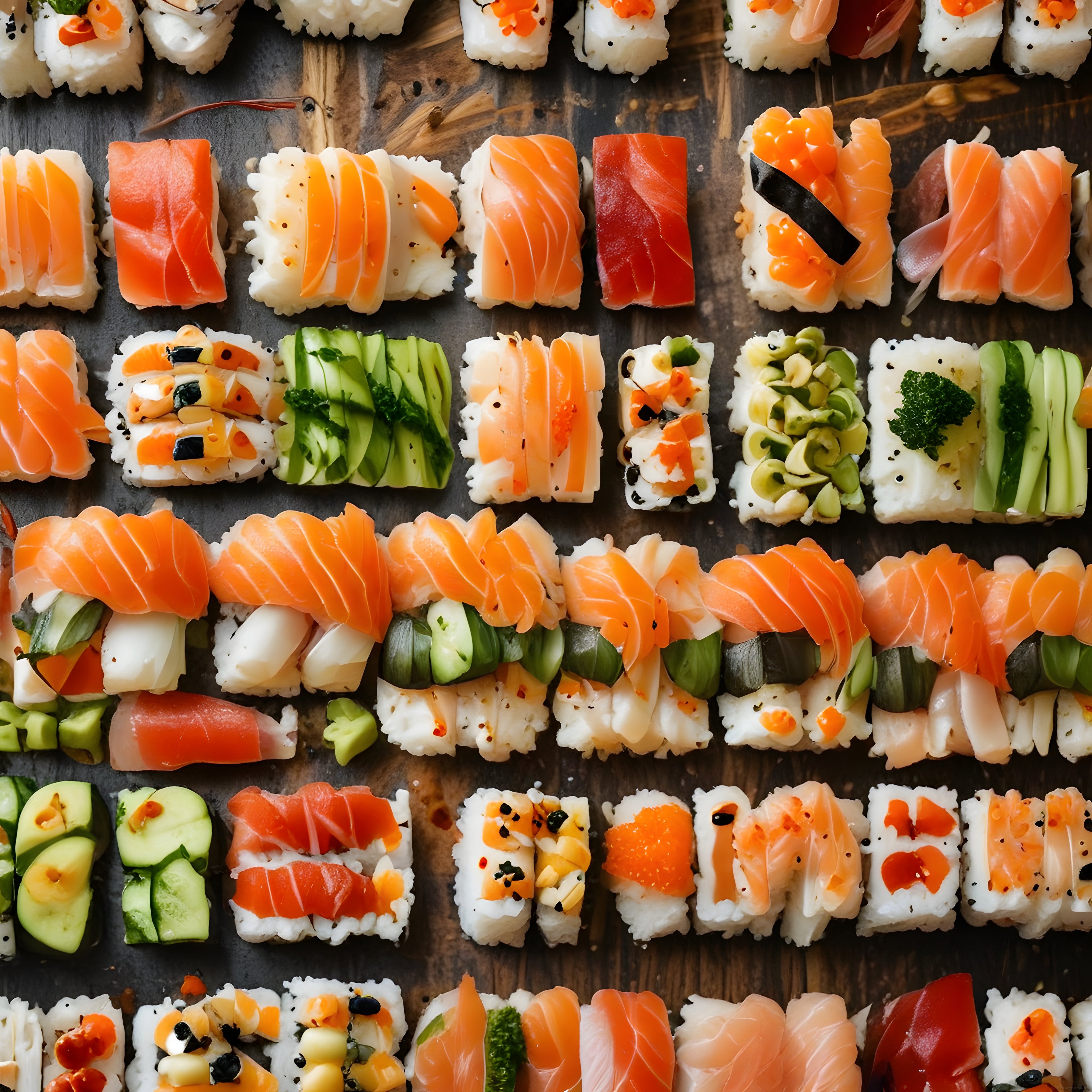 ahşap zemin üzerinde somonlu ve avokadolu çeşitli sushi ve nigiri tabağı