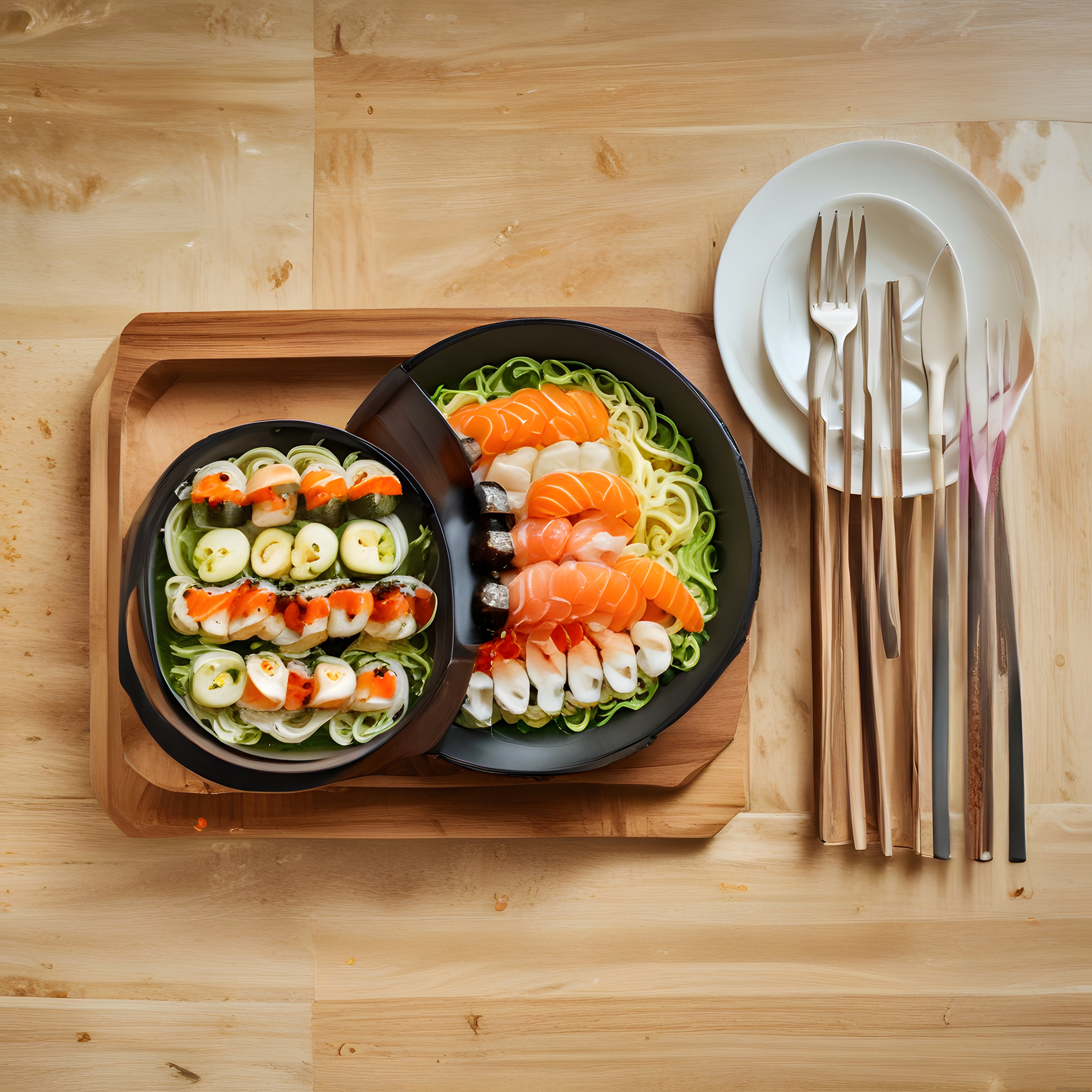 Ahşap zemin üzerinde sushi ve sashimi sunumuyla Japon lezzet şöleni