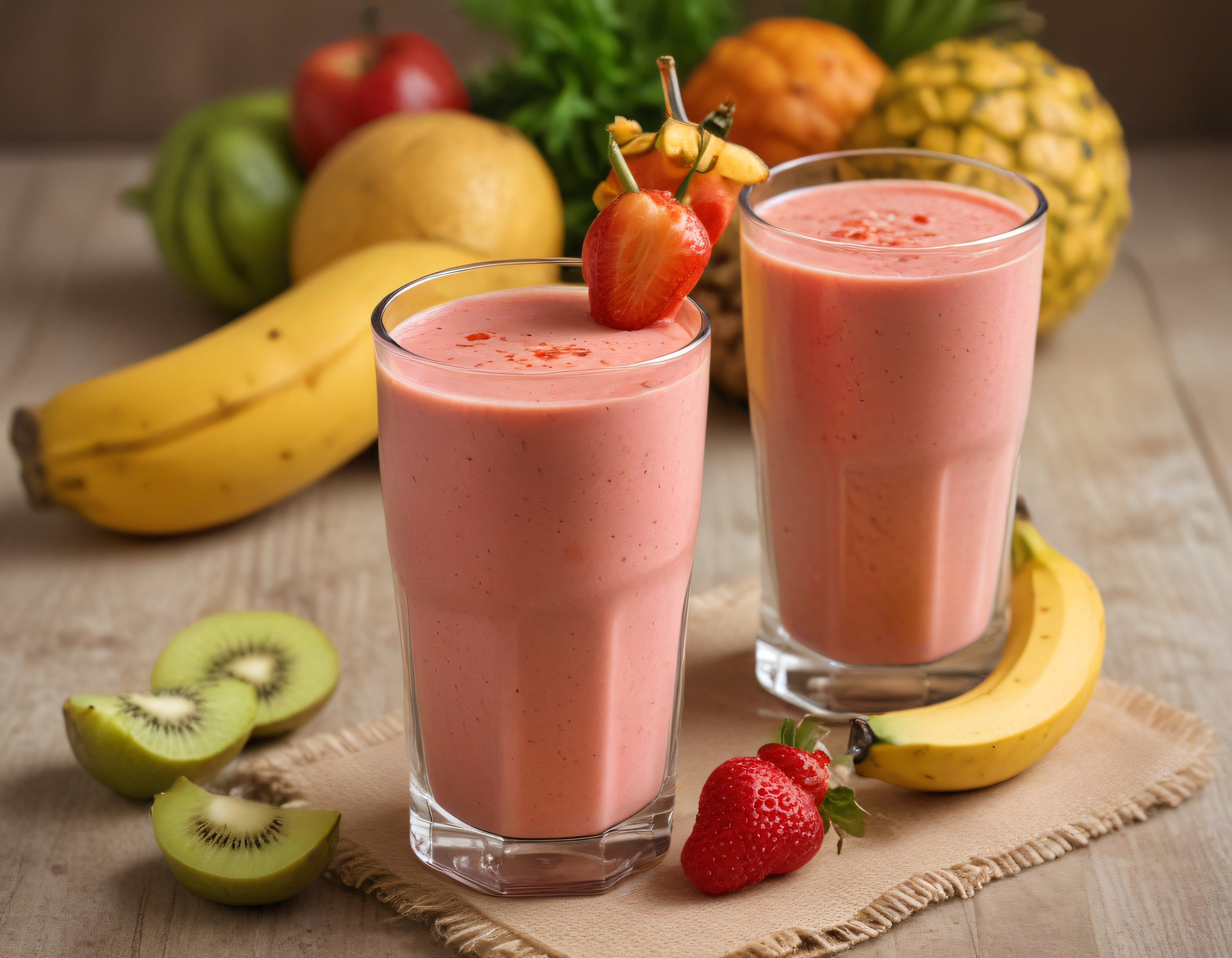 Ahşap Zemin Üzerinde Taze Çilekli Muzlu Kivili Sağlıklı Smoothie Bardakları